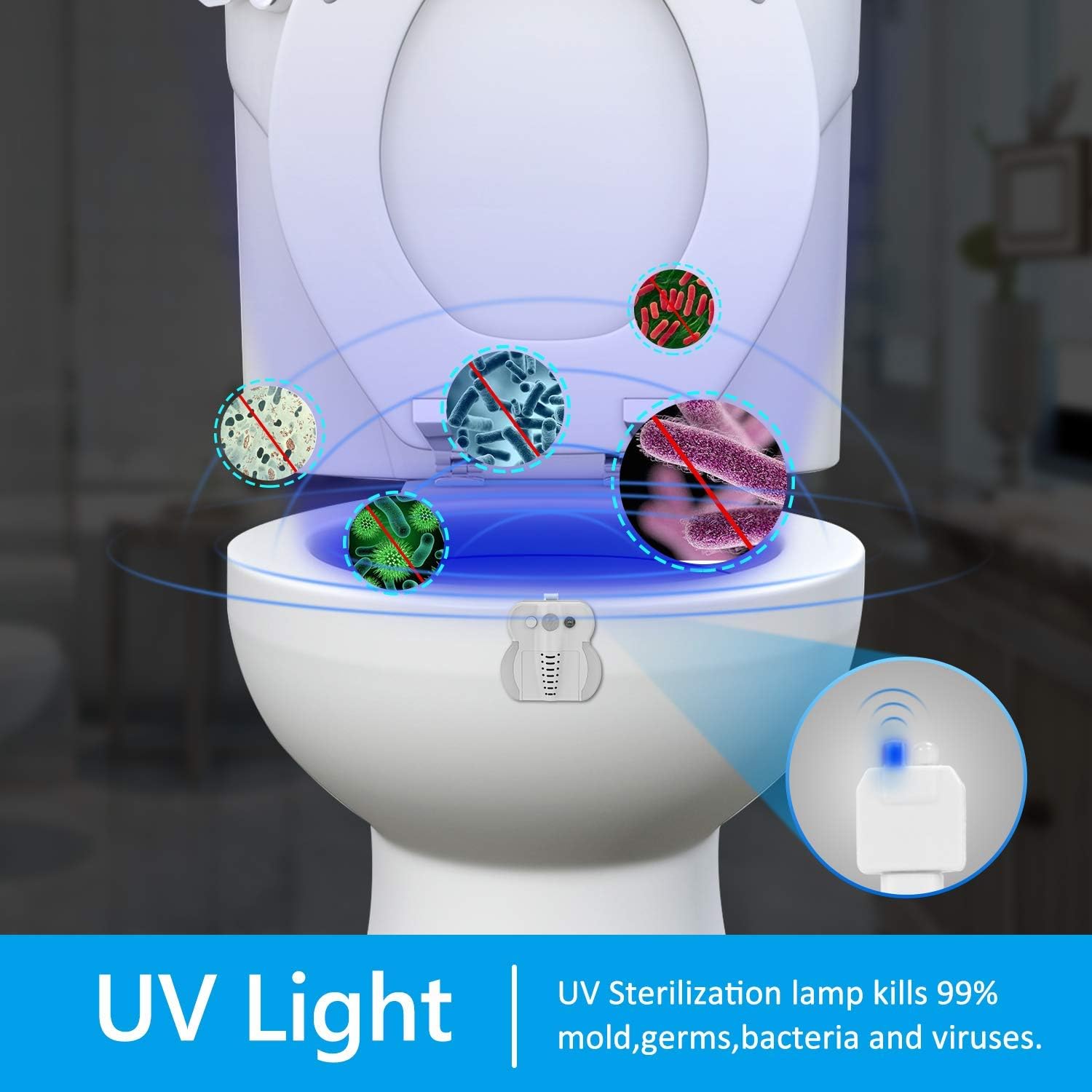 Toilet Bowl Light, Motion Sensor Night Light, 16 Colors LED UV Toilet Night Light with 2 Aromatherapy tablets, Color Changing Toilet Light for Bathroom, Fits any Toilet, Perfect for Kids and Adults