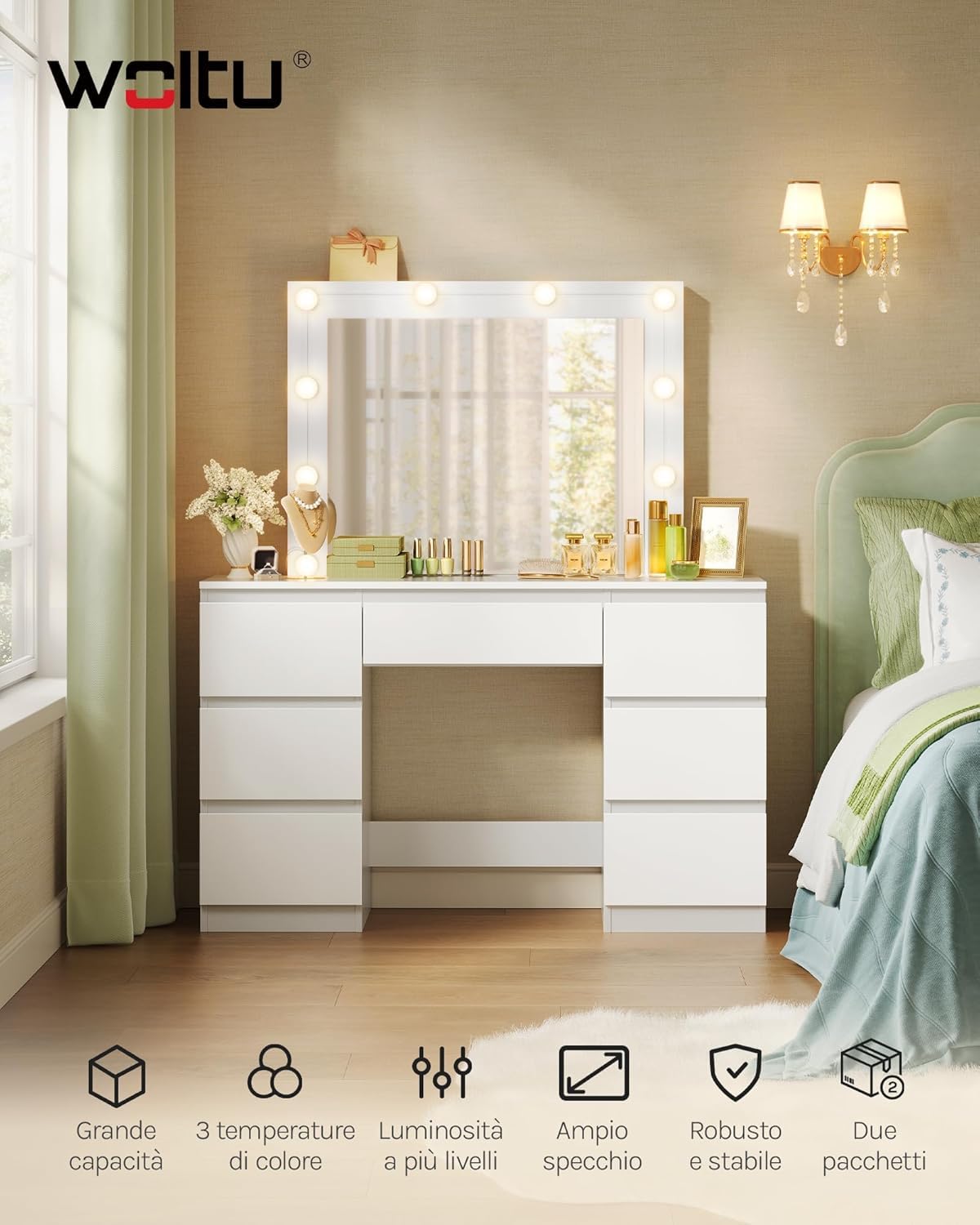 WOLTU Toeletta da Trucco, con Specchio e Luci LED, Luminosità Regolabile, Tavolo da Trucco, con 7 Cassetti, Postazione Make Up, 107x39,5x140,5cm, Cassettiera in Legno, Bianco, MB6099ws