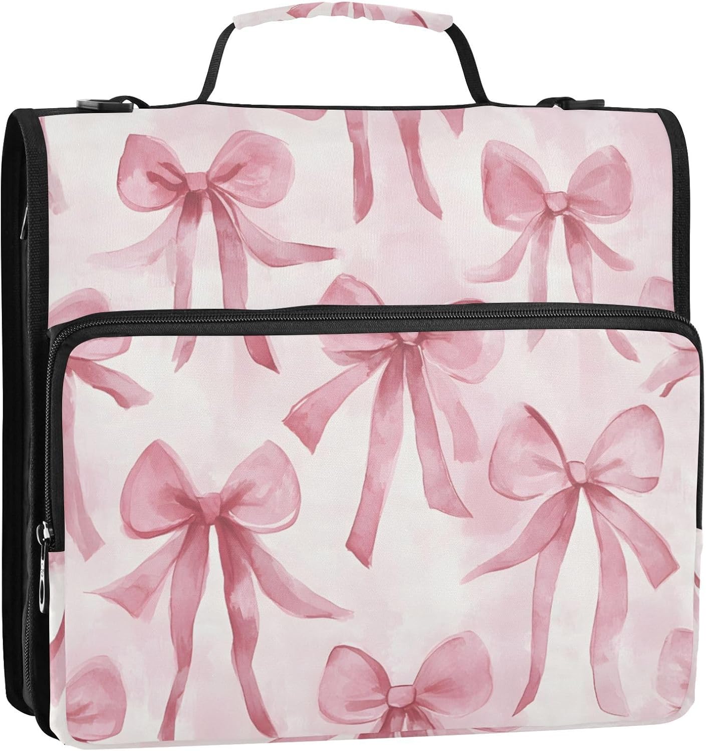 Watercolor Pink Bow Zipper Binder 3 Ring Binder with Shoulder Strap 500 Sheet Capacity Storage Organizer File Folder