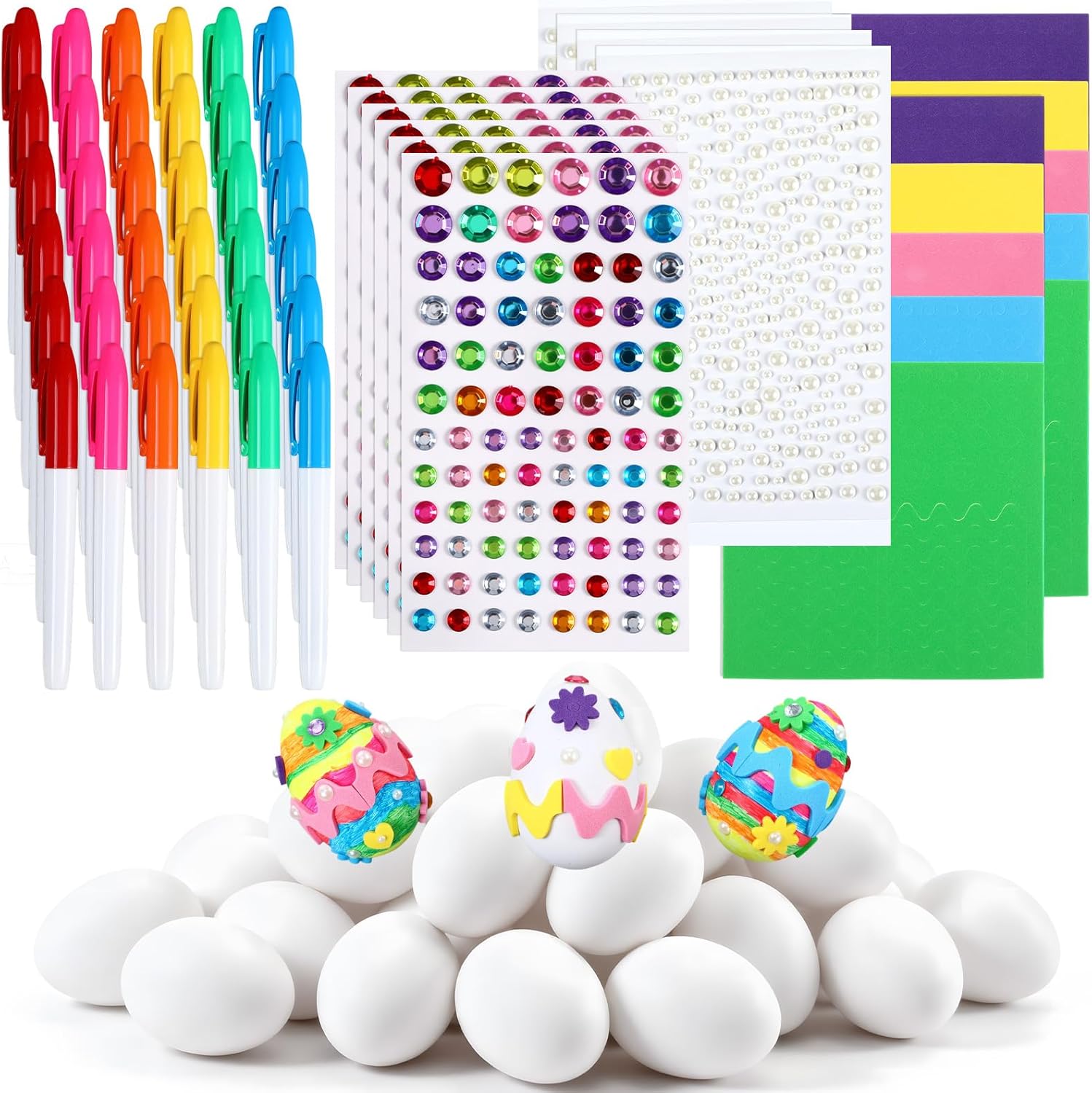 Civaner 50 Pcs Easter Egg Decorating Coloring DIY Kit, Plastic Crafts Eggs with Foam Gem Stickers, Pearl Adhesives, Color Pens, Easter Basket Stuffers Gifts for Creativity Activity Party Favors