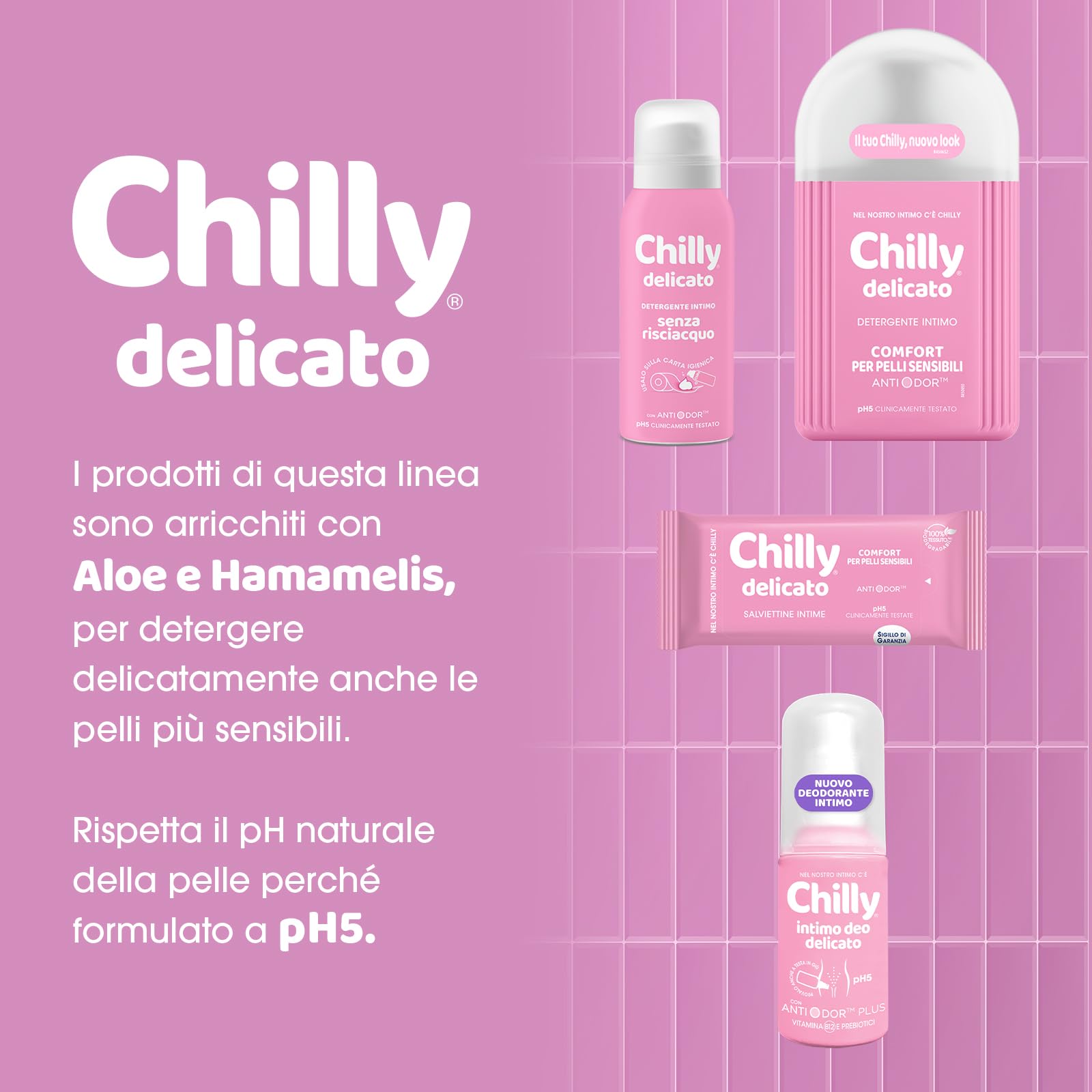 Chilly, Detergente Intimo Delicato, Detergente per l'Igiene Intima con Molecola Antiodore - Formula Delicata e Lenitiva - PH 5, Clinicamente Testato - Confezione da 4 Flaconi da 300 ml