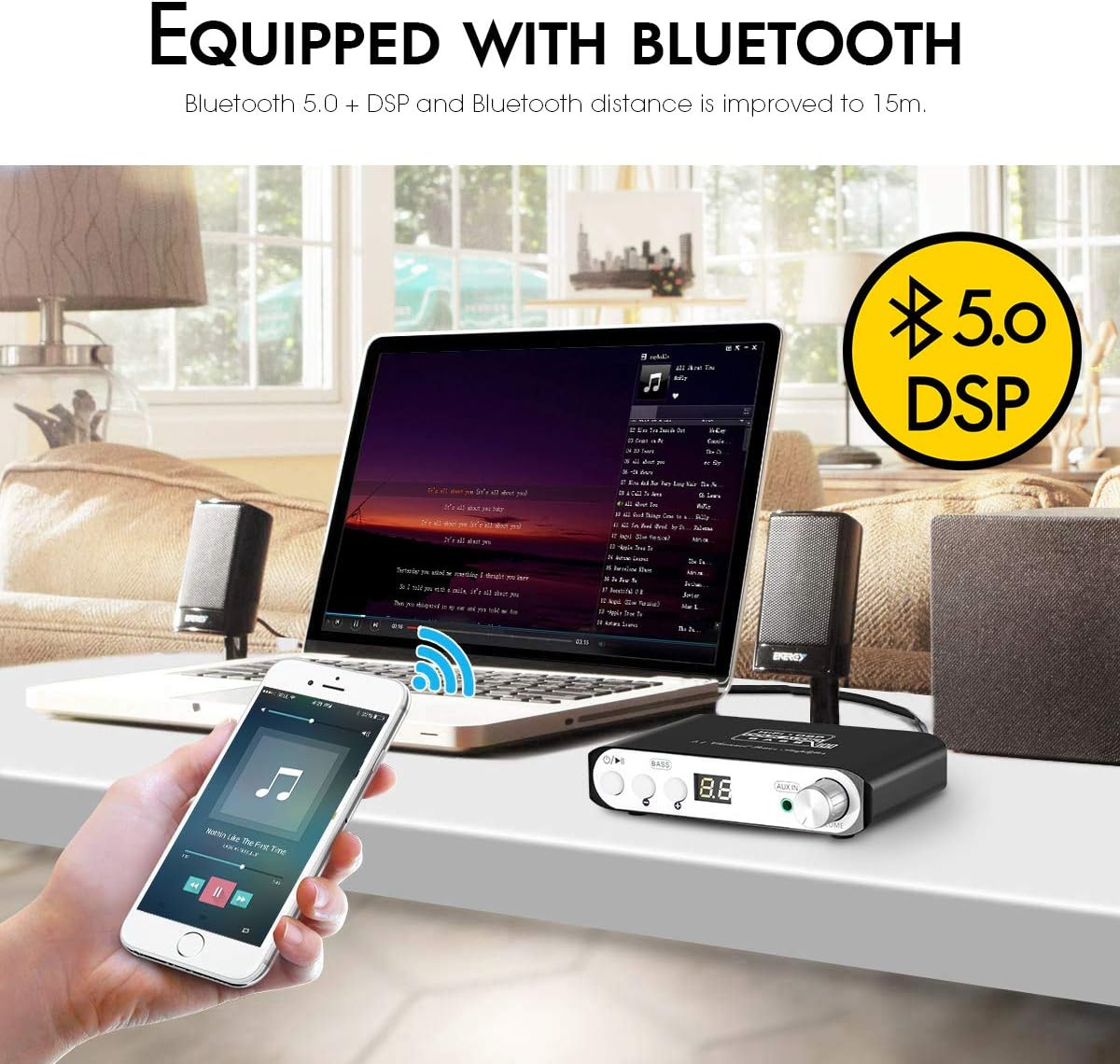 Nobsound 2.1 Channel Hi-Fi Bluetooth Power Amplifier, Mini Stereo Audio Amp with Dual DSP, Subwoofer Output, Desktop Mini Size, Home Theater (Q100)