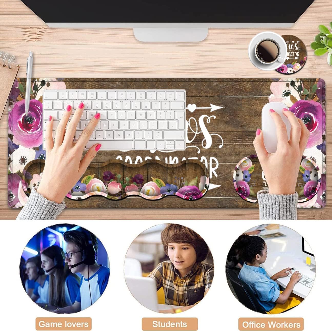 Mouse Pad Set,Large Gaming Mouse Pad + Keyboard Wrist Rest Support + Mouse Wrist Rest,31.5 x 11.8 in Extended Desk Mat for Office,Chaos Coordinator Quotes Vintage Watercolor Flora Desktop Decoration