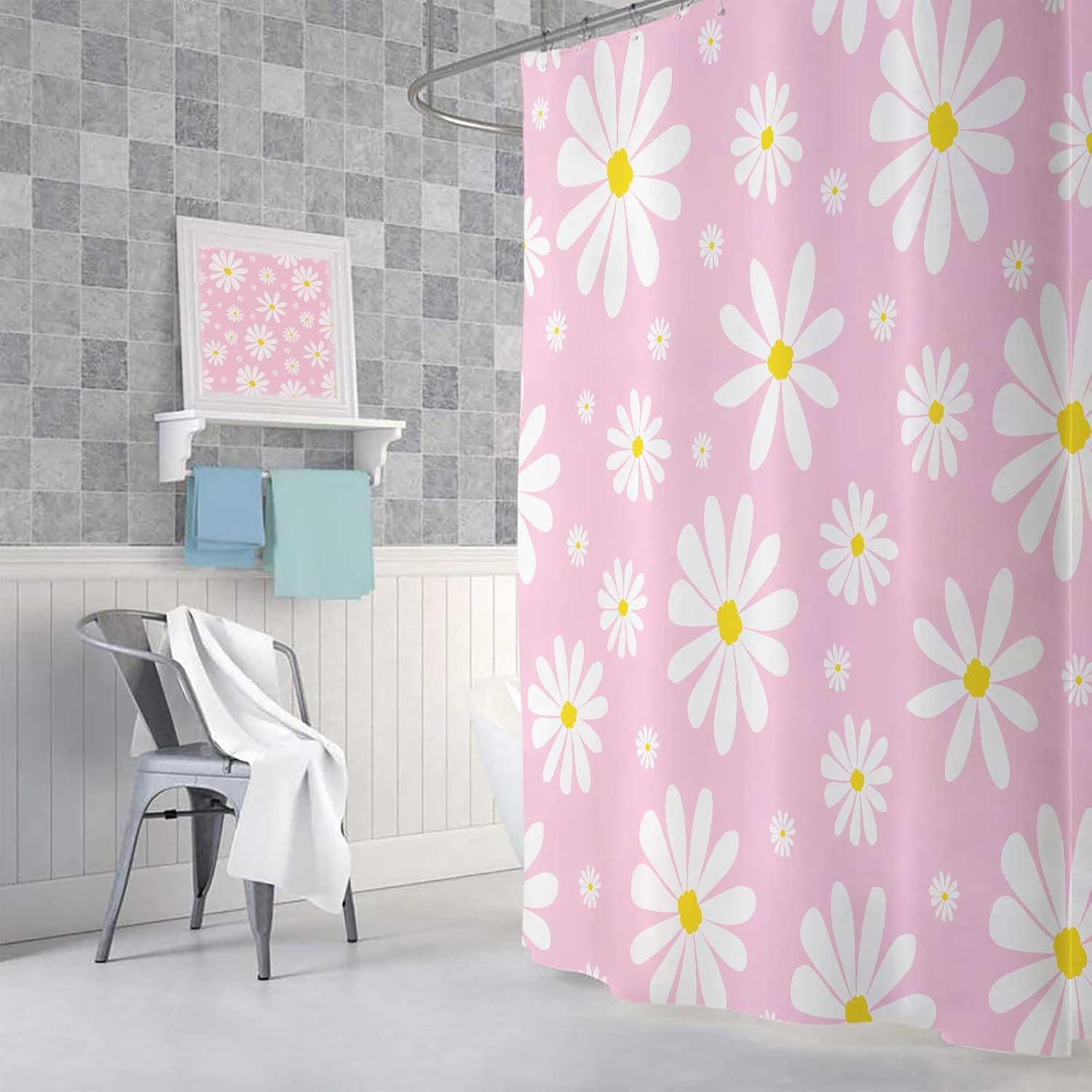 Pink Daisy Floral Shower Curtain, Cute Boho White and Pink Groovy Retro Flower Fabric Shower Curtains Set for Girls Bathroom Decorative, Aesthetic Restroom Decor Accessories with Hooks 72X72 Inch