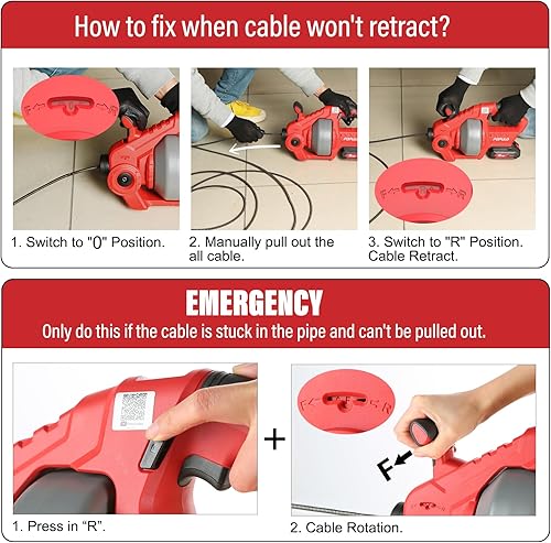 Miniatura 7 de POPULO Taladro de drenaje de 25 pies, herramienta eléctrica de eliminación de vello de drenaje de serpiente, eje reemplazable, serpiente de tubo