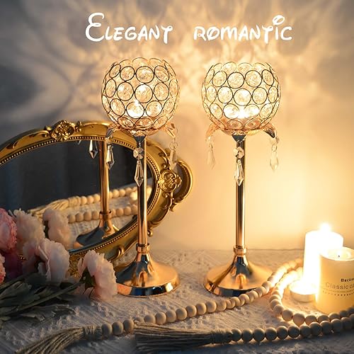 Miniatura 2 de Kehail Juego de 3 candelabros de cristal dorado con forma de flor con cuenco colgante de cristal, portavelas de metal votivo para centros de mesa,