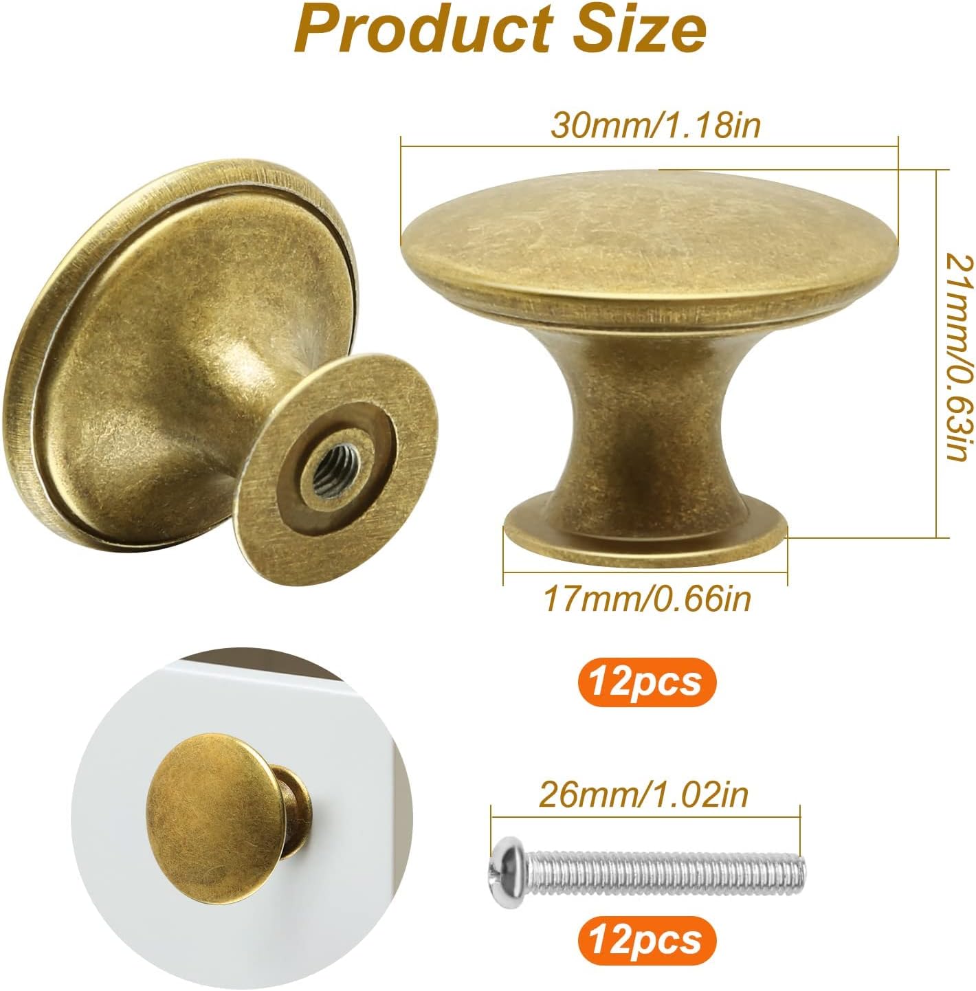 Vintage Bronze Cabinet Knobs, Round Mushroom Drawer Pulls, 1.18 Inch Diameter, 12 Pack with Mounting Screws, Gold