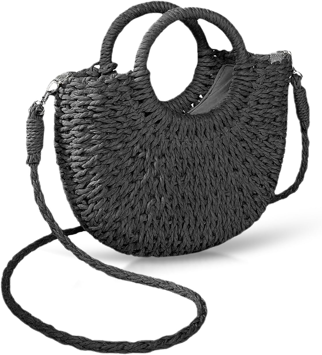 Mini Semi-circle Rattan Straw Bag, Hand-woven Women Summer Retro Beach Tote Shoulder Bag Crossbody Travel Beach Bag