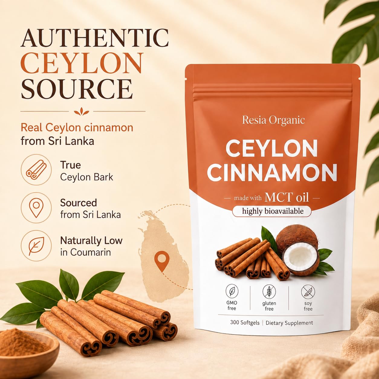 Resia Organic Ceylon Cinnamon Extract Softgels with MCT Oil, 300 Count — Amazon image 3