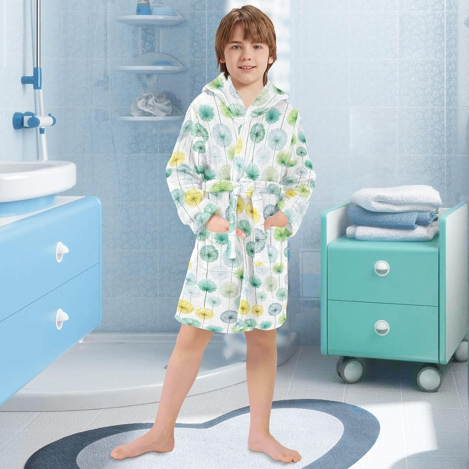 Watercolor Green Dandelion Pattern Toddler Hooded Bathrobe for Boys Girls Soft Plush Bath Towel Robe 2-12 Years