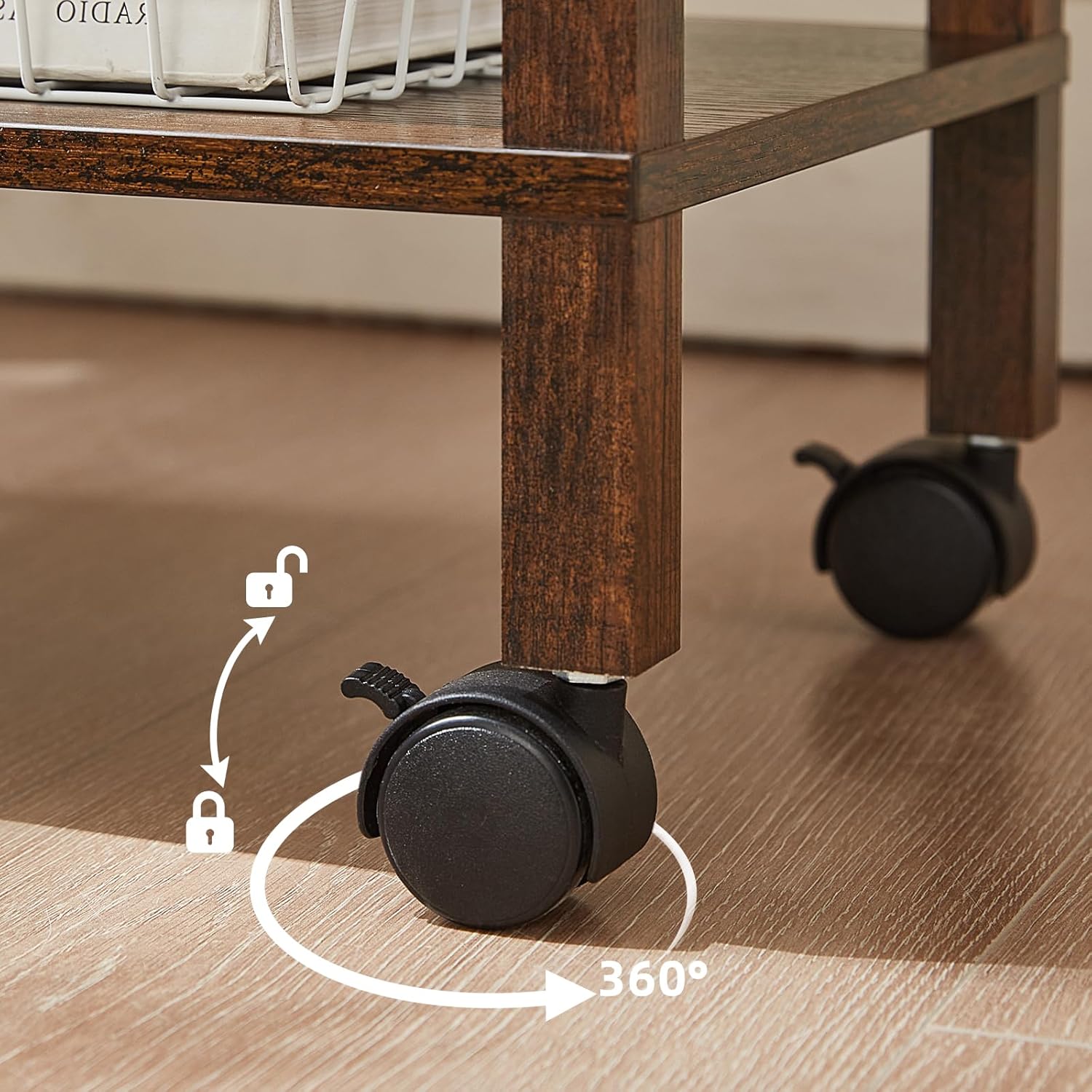 YUFAM 2 Tier Under Desk Printer Stand with Storage, Small Printer Table with Charging Station, Rolling Printer Cart Shelf with Lockable Wheels for Home, Office (Brown)
