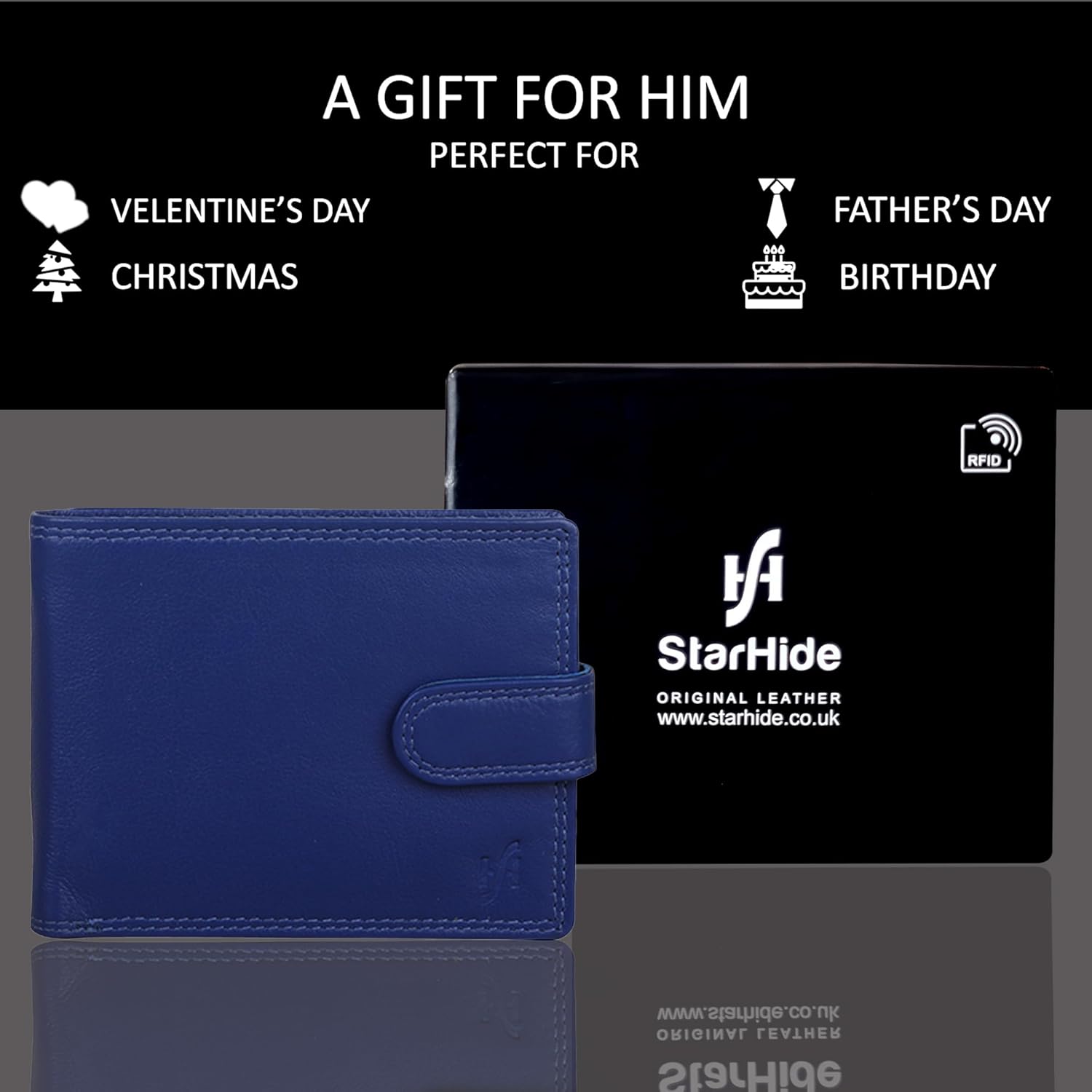 STARHIDE Mens RFID Blocking Real Leather Billfold Notecase Coin Pocket Id Card Holder Wallet Gift Boxed 710 Blue