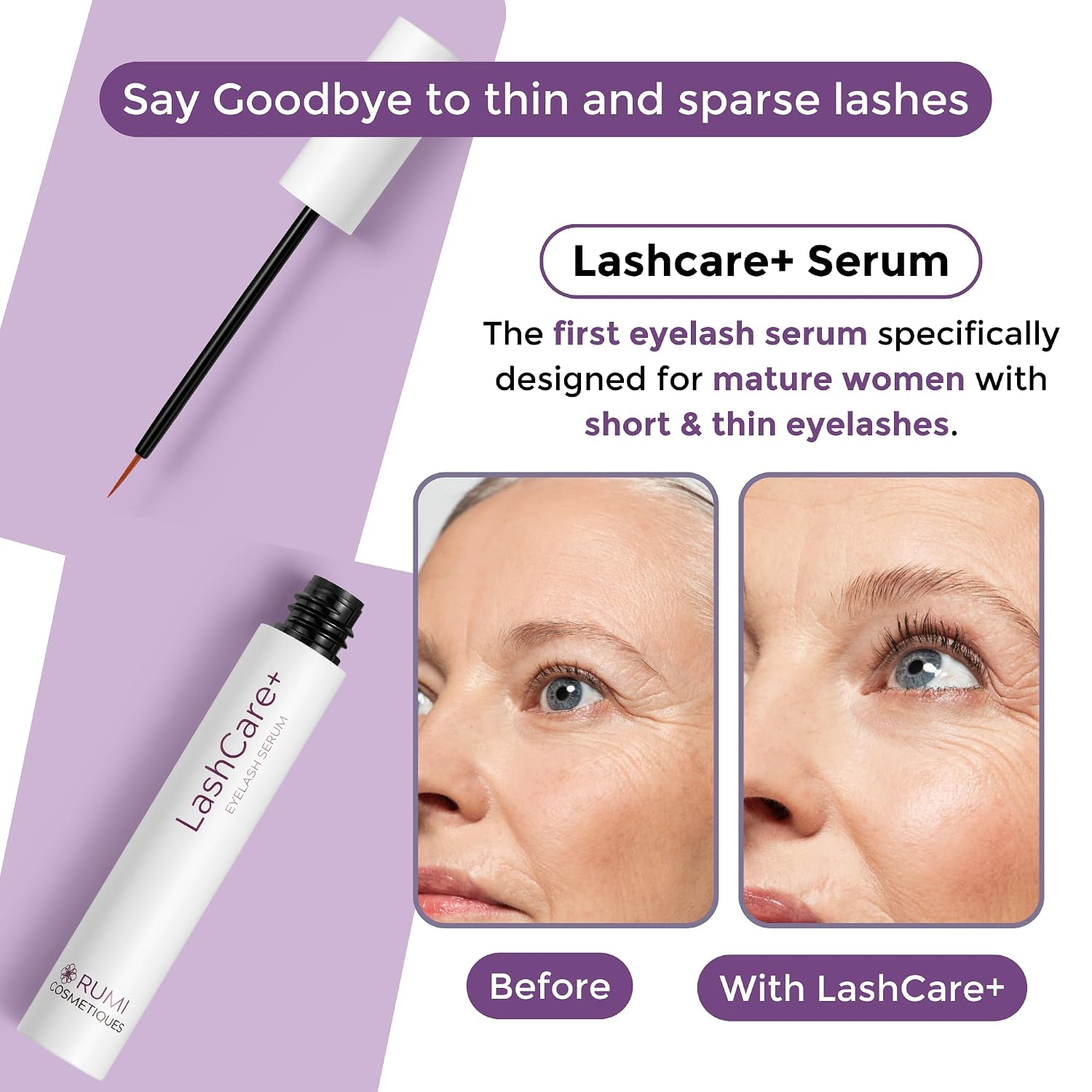 LashCare+ Eyelash Enhancing Serum For Mature Women - Longer, Thicker Lashes in 12 Weeks - For Sensitive Eyes, Natural Growth - Enhancement, Conditioner for Longer-Looking Lashes - 3 Months Supply