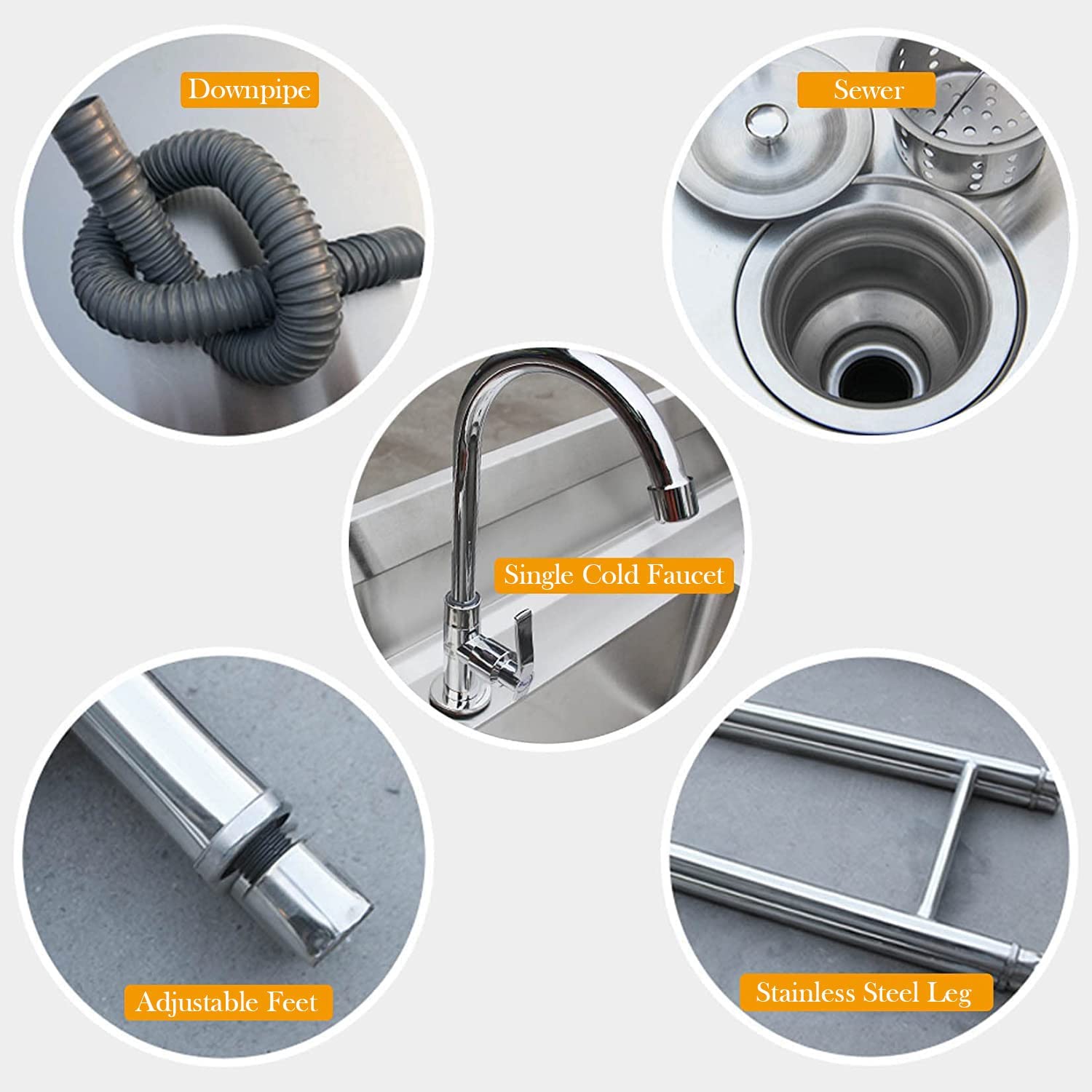 Lavello da Cucina in Acciaio Inox a Vasca Singola, Quadrato, da Incasso, autoportante, con Rubinetto, per Interni, Esterni, Bagno, Ristorante, Stile Rustico.