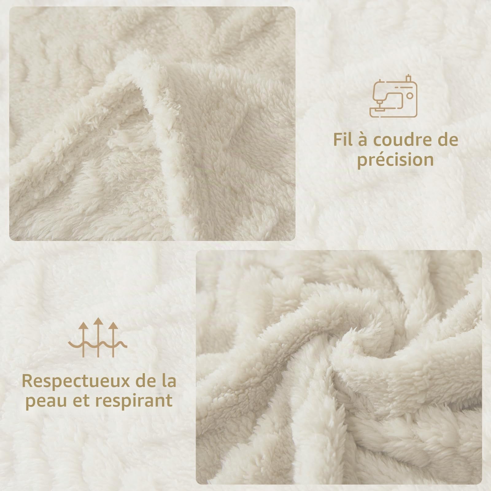WONGS BEDDING Couverture douillette pour canapé, style bohème, 220 x 240 cm, en polaire, douce et chaude, pour lit, canapé, blanc crème