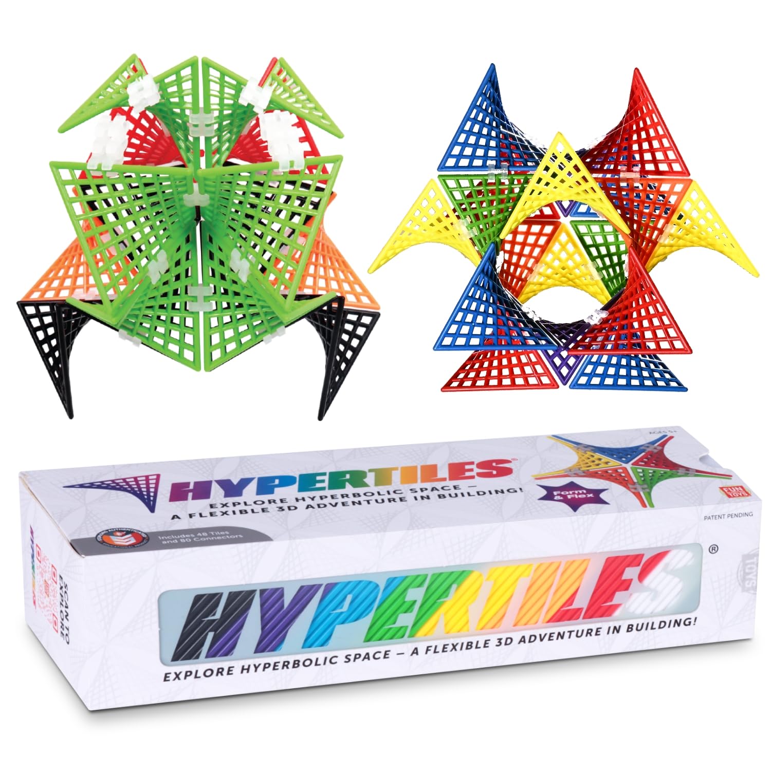 Hyperbolic Building Toy - 3"x3" STEM Educational 3-Dimensional Adventure Age 5+: 48 Tiles & 80 Connectors for Logic & Creativity - Infinite Shapes that Flex and Hinge - by Fun In Motion Toys