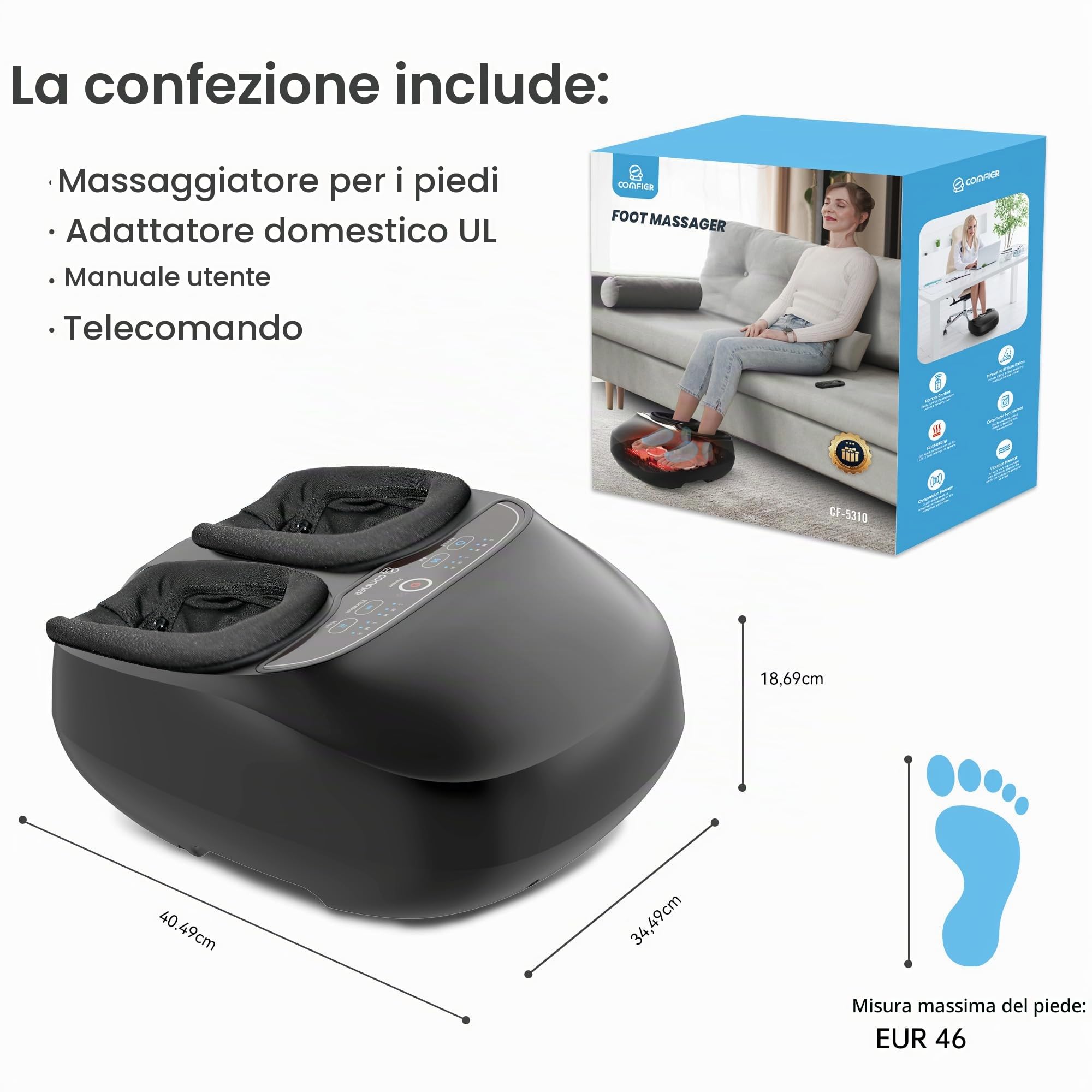 COMFIER Massaggiatore per Piedi con Calore, Elettrico Massaggiatore Plantare con 3D Impastamento Profondo, rulli e compressione d'aria, 3 intensità per muscoli affaticati, fino al numero 46 di scarpe