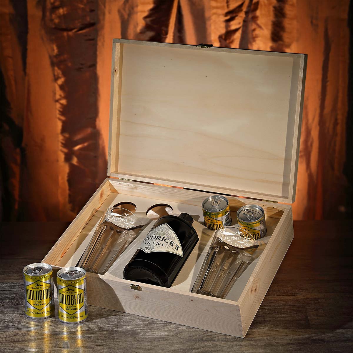 8-tlg Gin & Tonic Geschenk-Set Personalisiert mit Hendricks - Longdrink-Glas in Geschenkbox mit Gravur - Motiv vintage gin