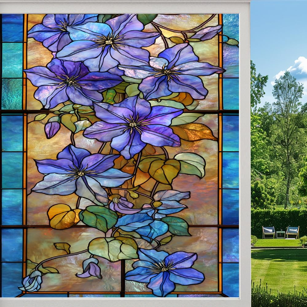 Colorful Flower Stained Glass Window Film, Natural Branch Leaves Plants Peel and Stick Privacy Film, Frosted Adhesive Vinyl Decorative for Bathroom Windows Glass Doors, （90x160cm）