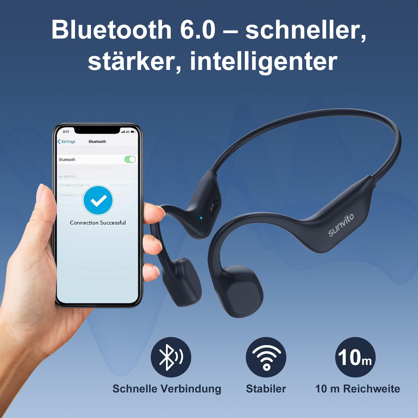 Knochenschall Kopfhörer Bluetooth 6.0, offene Bluetooth-Funkkopfhörer für Sport, wasserdichte, leichte Ohrhörer mit Ohrstöpseln für Laufsport, Fitnessstudio, Radfahren, schwarz