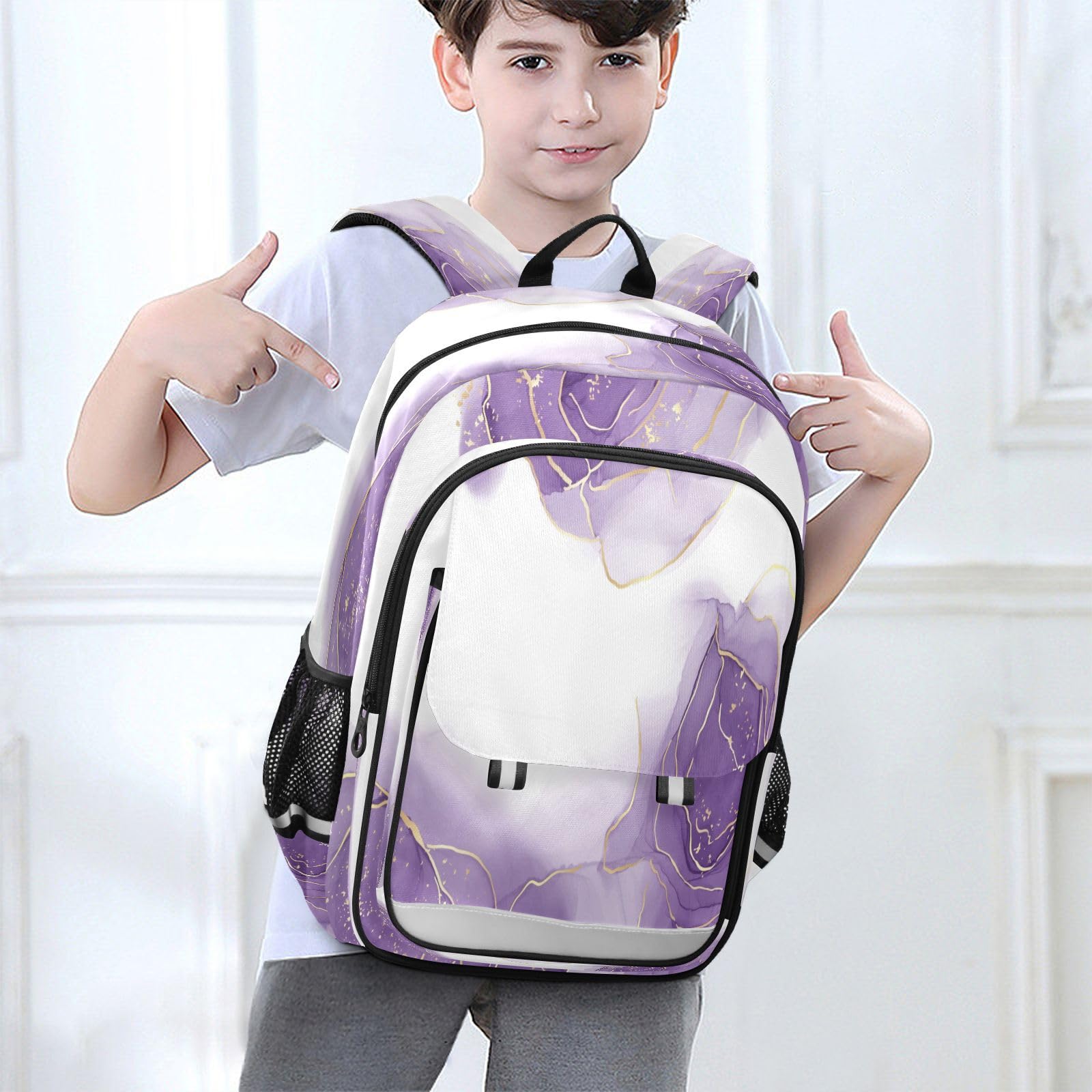 Zaino per computer portatile per bambini con glitter dorato viola marmo scuola media casual zaino quotidiano borsa per laptop da viaggio, B537