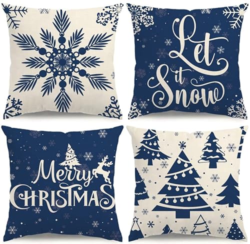 Christmas Pillow Covers 18x18 Blue Christmas Decorations Snowflake Throw Pillow