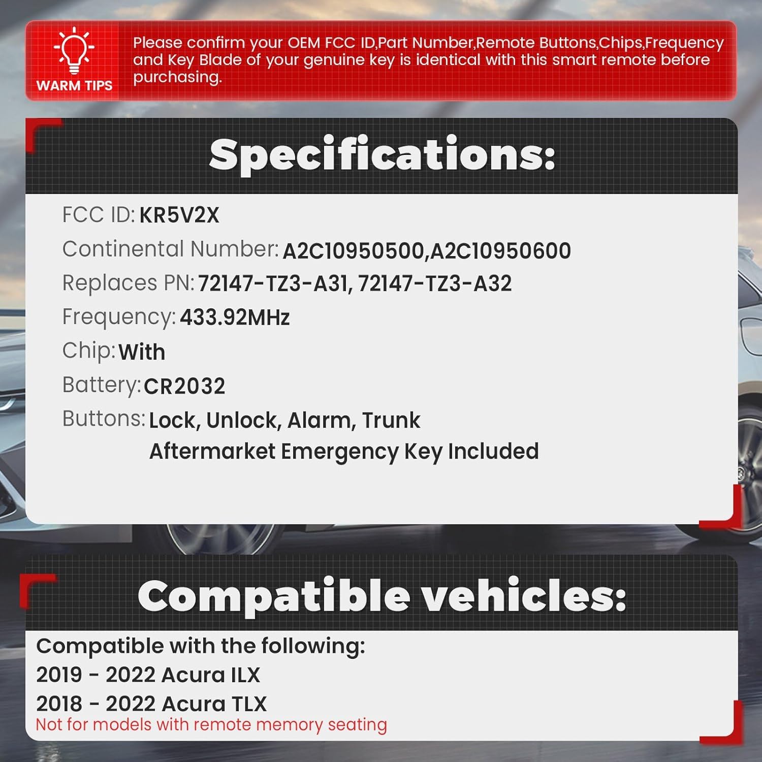 Beefunny Replacement Remote Keyless Entry Key Fob for Acura TLX 2018 -2022 ILX 2019-2022 FCC ID:KR5V2X PN: A2C10950600 72147-TZ3-A31 72147-TZ3-A32 A2C10950500 4Buttons (with chip)