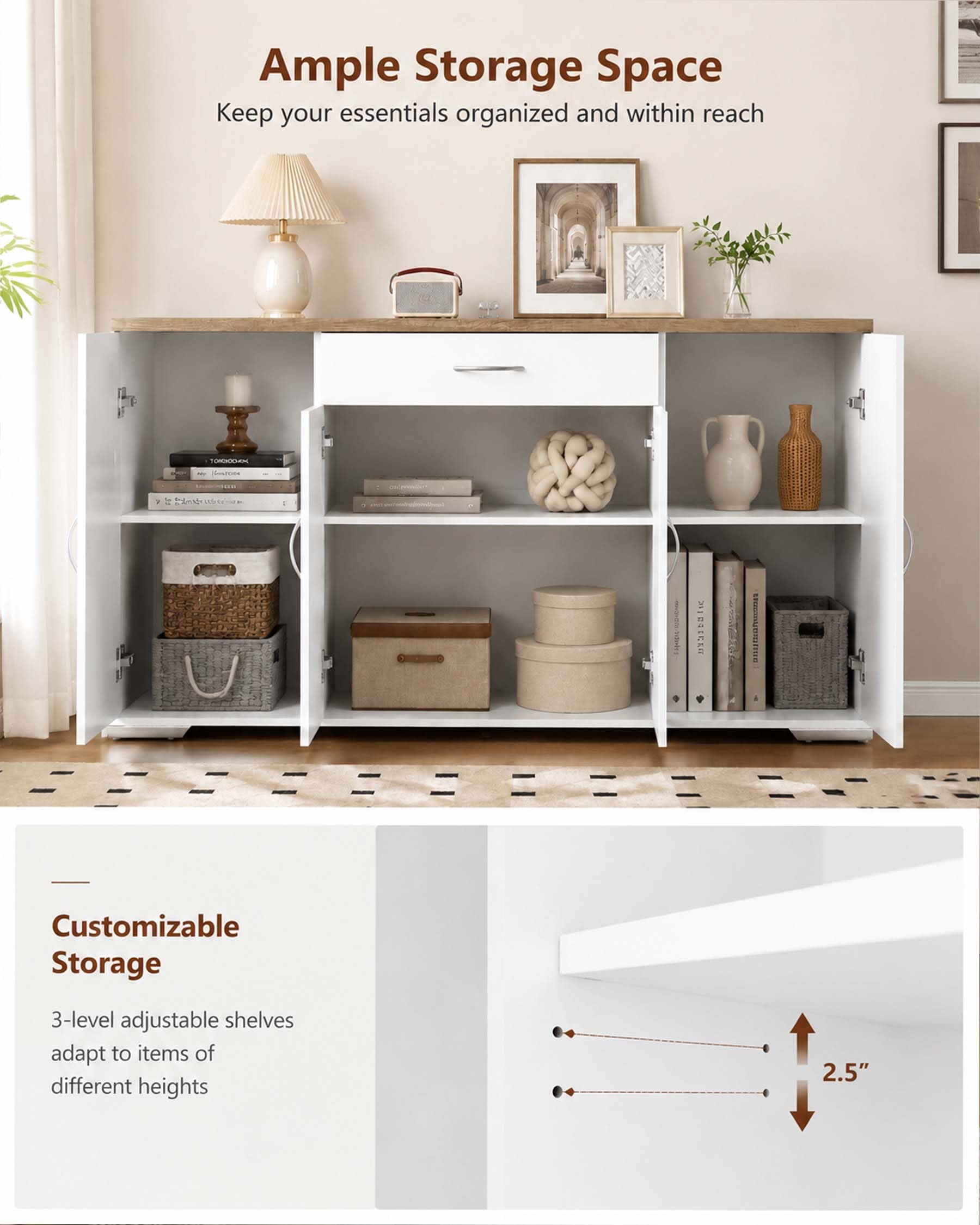 Comò Soggiorno Bianco 110 x 30 x 70 cm Comò Camera da Letto Mobile Soggiorno con 4 Ante e 1 Cassetto Credenza Bassa Mobile Contenitore per Ingresso Cucina