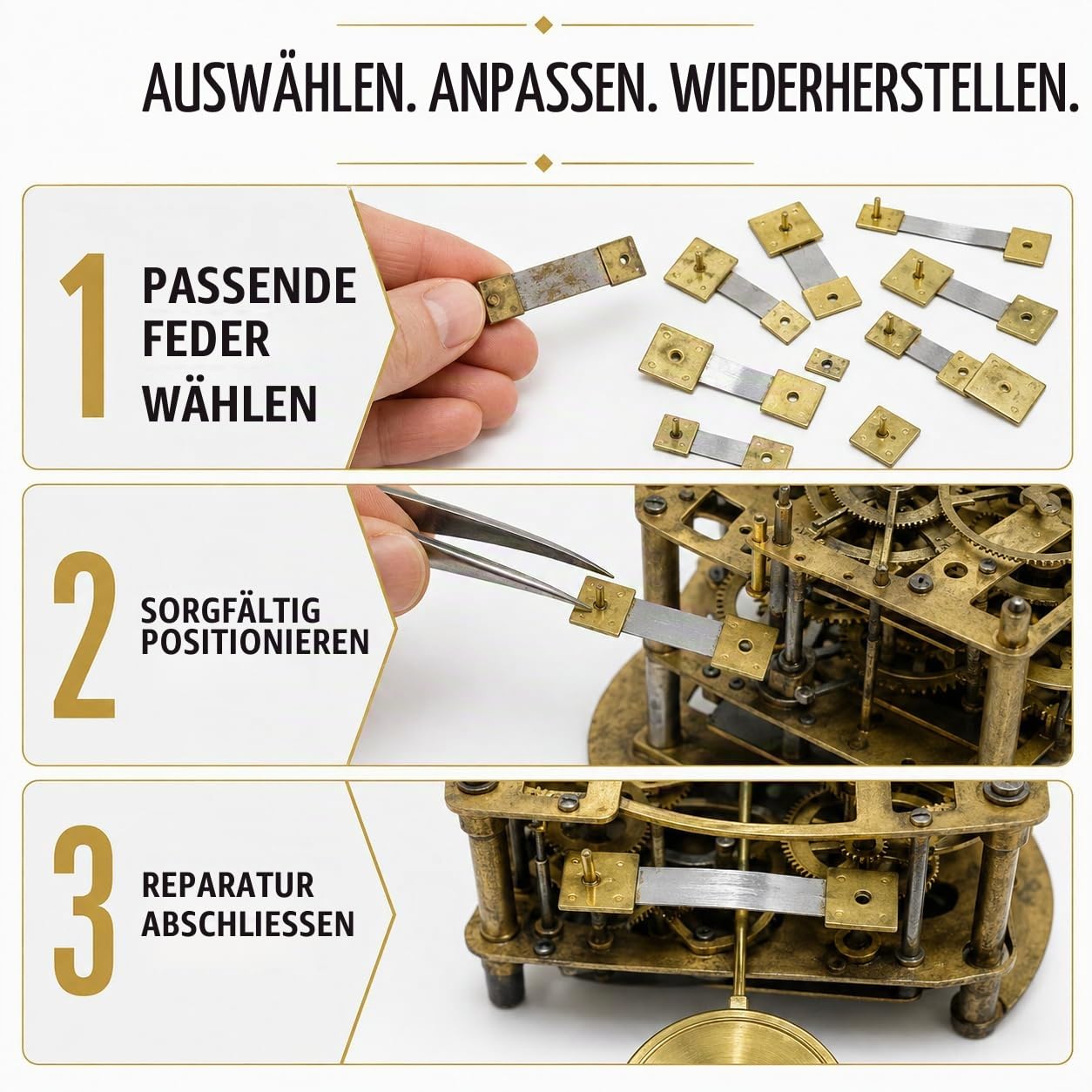 100 Stück Uhr-Aufhängungsfedern für Großvater, Wand- und Kaminuhren – Englisch, Französisch, Deutsche Uhren-Reparaturteile, langlebige Ersatzfedern