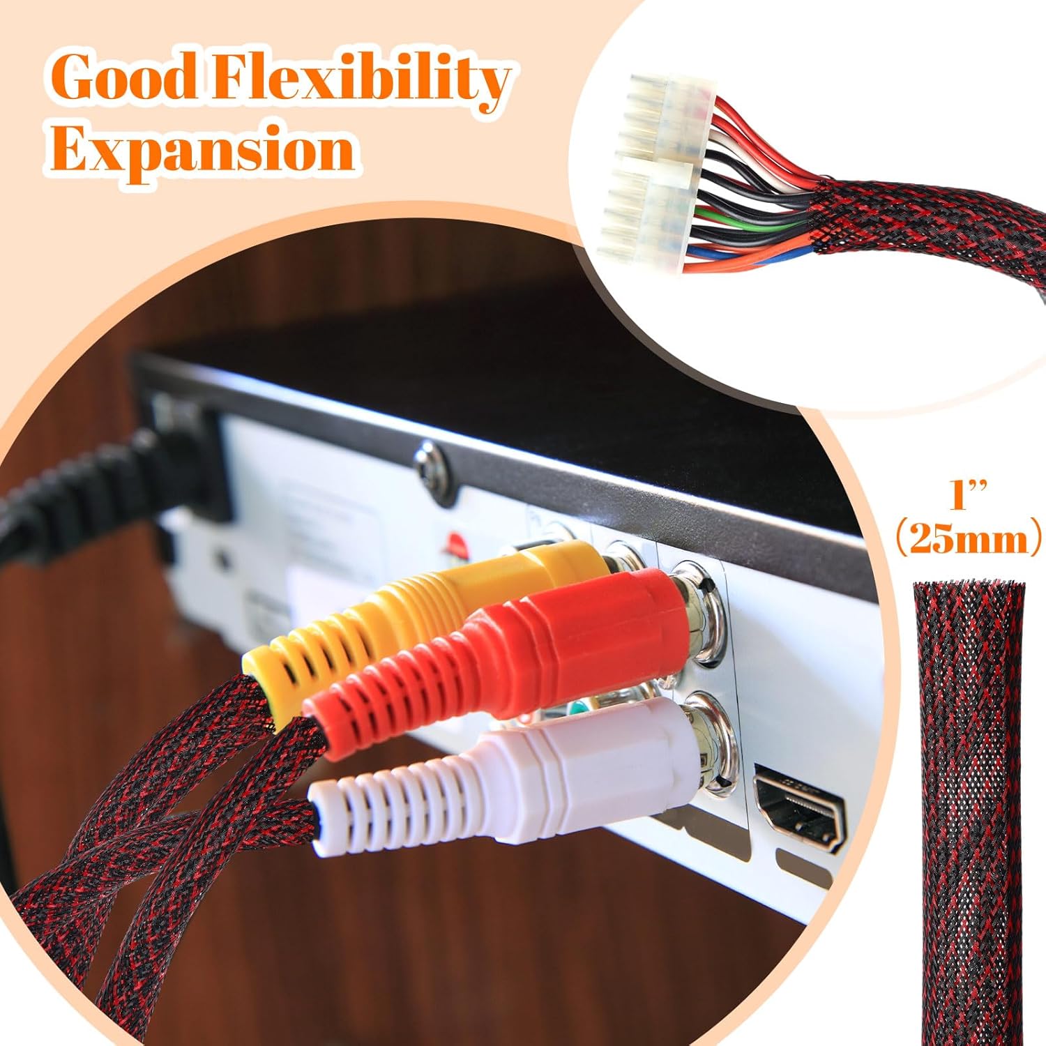 Pangda 1inchx300ft Wire Loom Pet Expandable Braided Sleeving Braided Sleeve for Tv, Computer, Home Theater(Black Red)