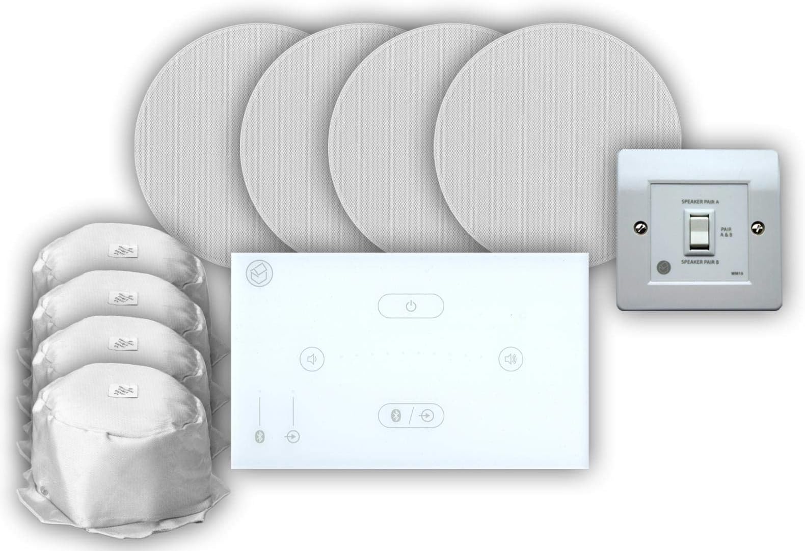 Systemline E50 Bluetooth Receiver Ceiling Speaker Dual Zone Bundle - 1 X 1G Dual Room Speaker Switch, 4 X Q Acoustics Qi65CB Speakers, 4 X Q Acoustics Fire Hoods, 20m X Extra Speaker Cable