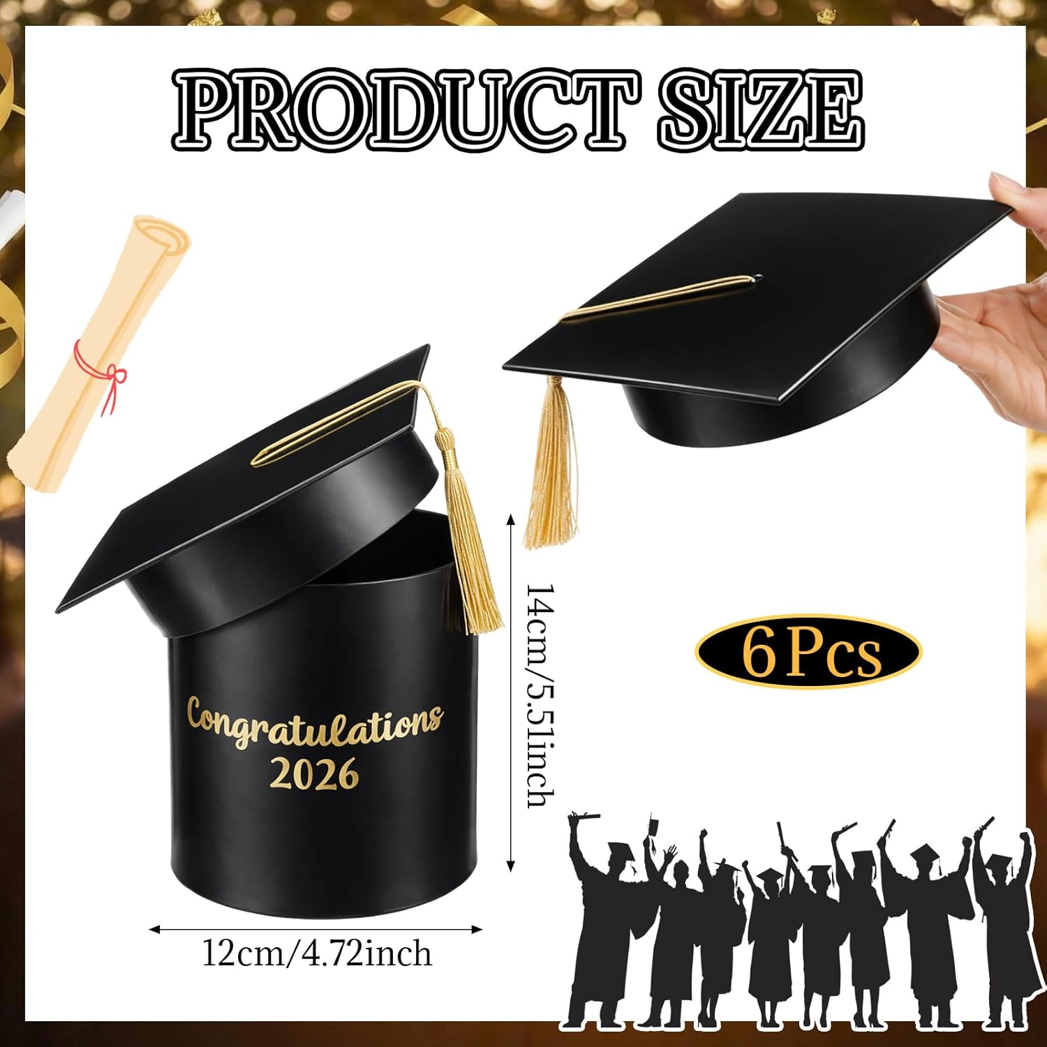BreezeHug 6 Pcs Graduation Cap Flower Gift Boxes 2026, Congratulations Graduation Centerpiece Gift Box Holders for Bouquet Arrangements, Candy, Keepsake Party Table Decorations