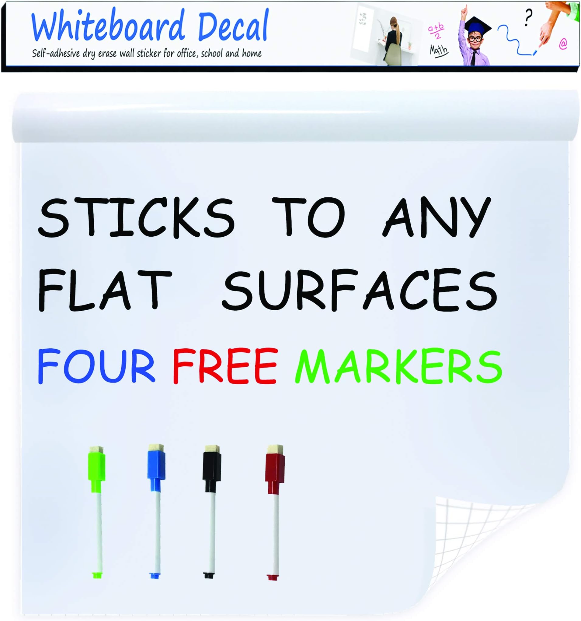 Extra Large Whiteboard Decal Sticker, Self-Adhesive Paper Message Board (6.5 FEET) Peel and Stick Wallpaper with 4 Dry Erase Markers, Size 17.7” X 78.7”