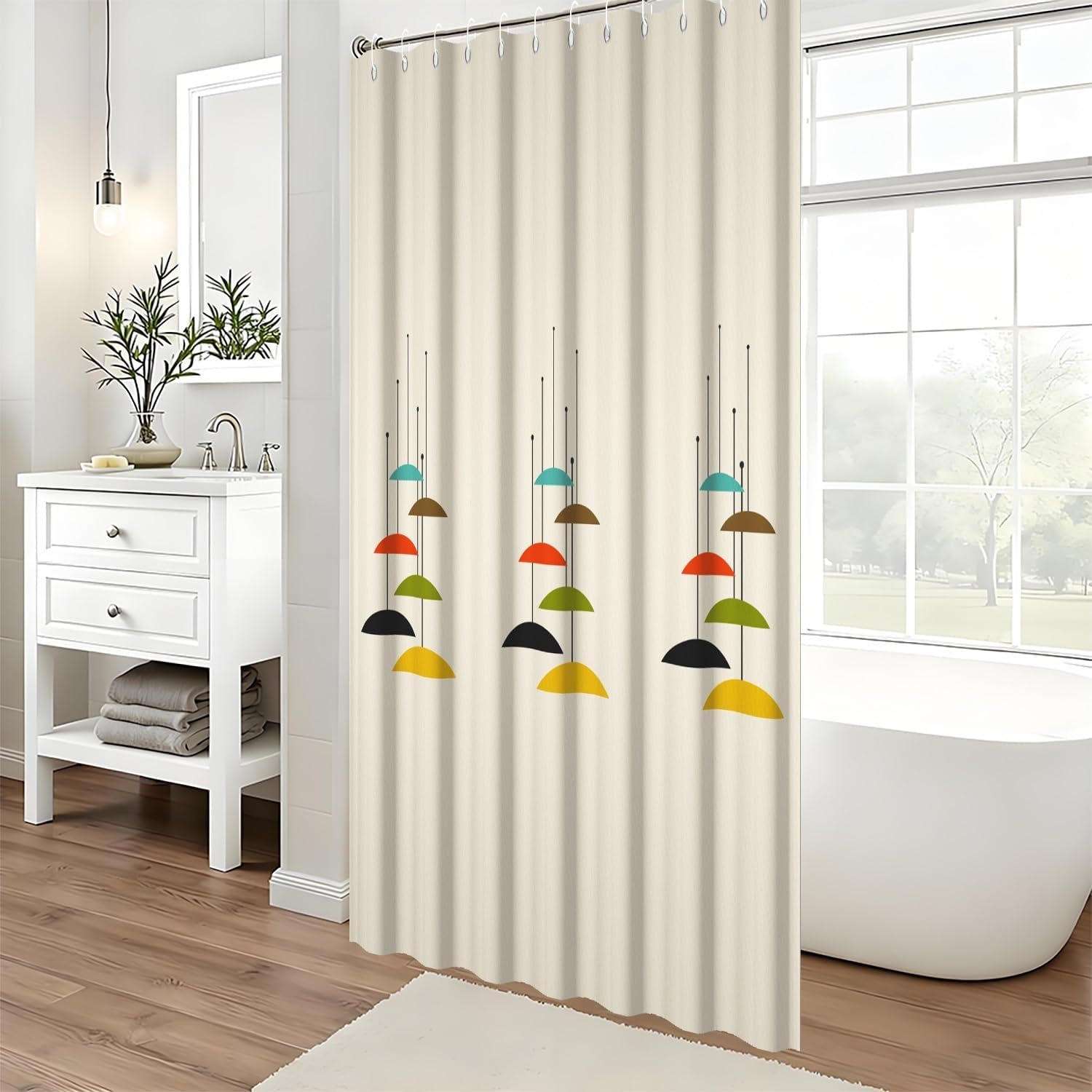 Beige Mid Century Shower Curtain Abstract Art Geometric Pattern Modern Minimalist Shower Curtain for Bathroom Home Decor Waterproof Fabric Retro Bathtub Curtains Set with Hooks,72x84inch