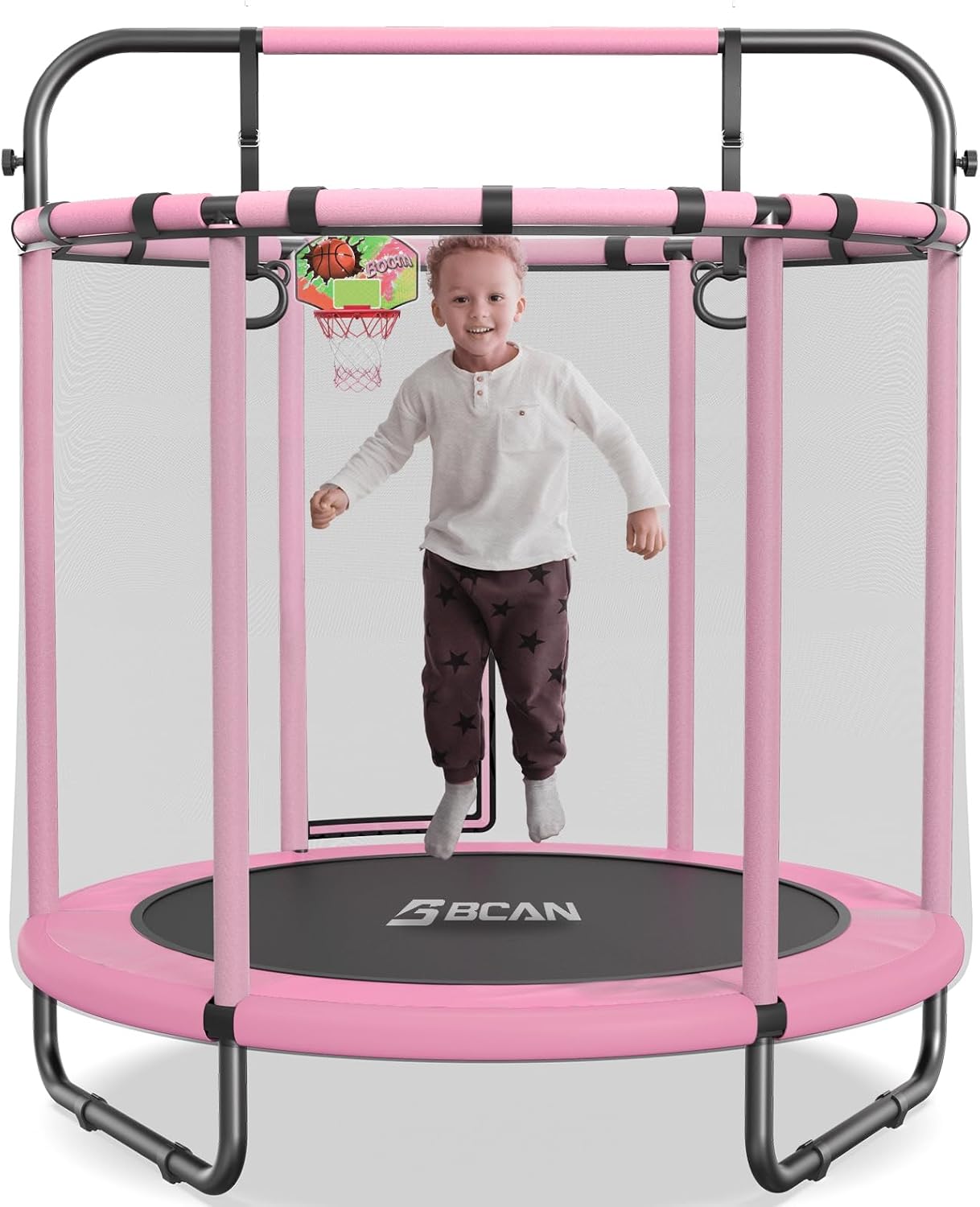 BCAN 55" Trampoline for Kids with Thickened Enclosure Net, Toddler Trampoline Indoor/Outdoor with Adjustable Gymnastics Bars & Basketball Hoop,Gifts for Boys & Girls Ages 1 to 8