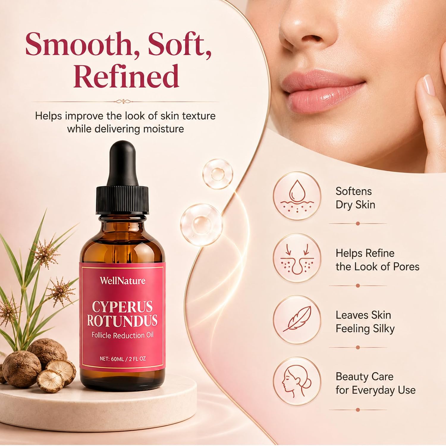 Wellnature Cyperus Root Elixir – Natural Hair Growth Inhibitor Oil with Cyperus Rotundus – Slows Regrowth, Deeply Moisturizes – Gentle Body Care for Face, Legs, Arms – 2 Fl Oz