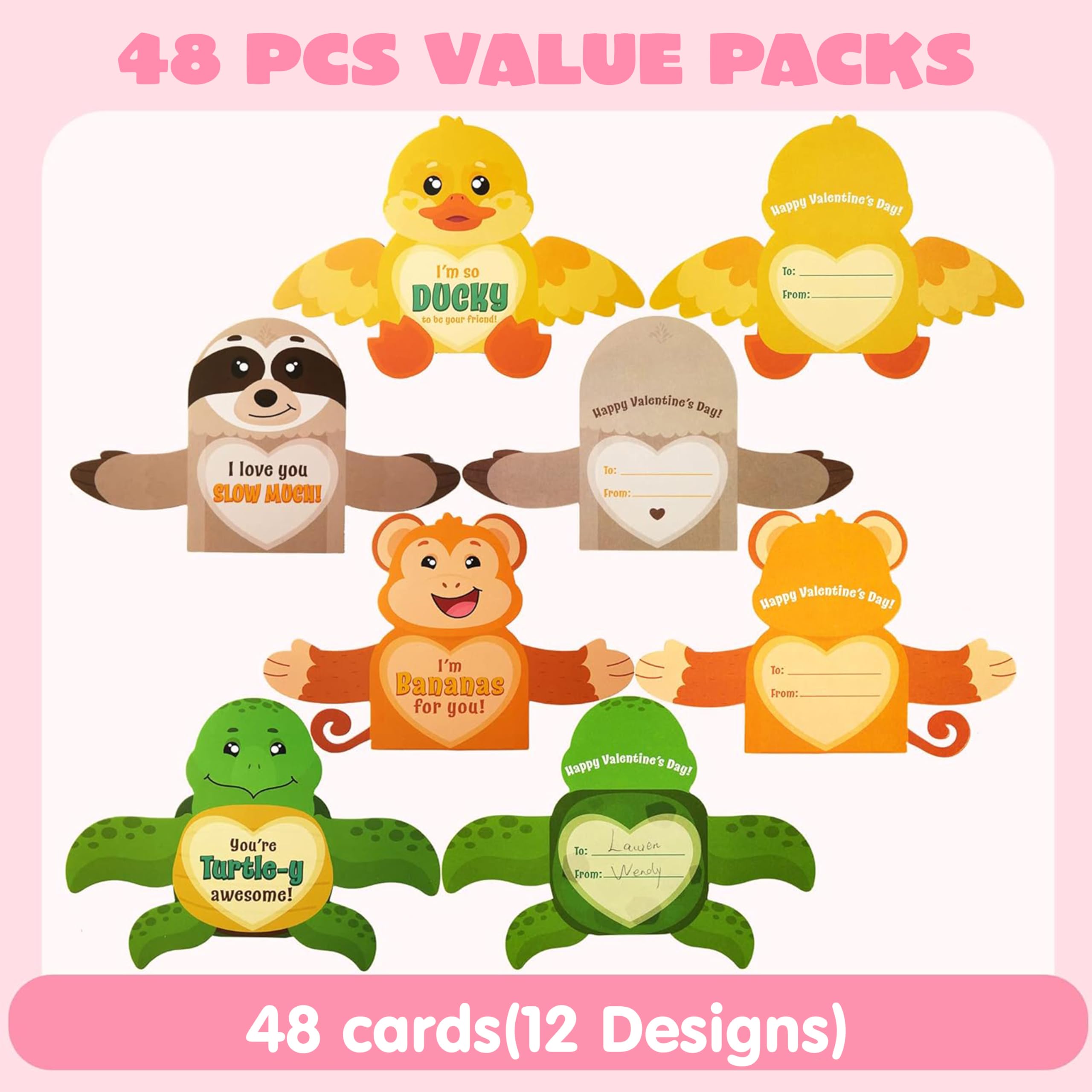 JOYIN 48 tarjetas de regalo para el día de San Valentín con diseños de animales, tarjetas de felicitación de San Valentín, tarjetas de felicitación para niños, premios de recompensas de vacaciones,