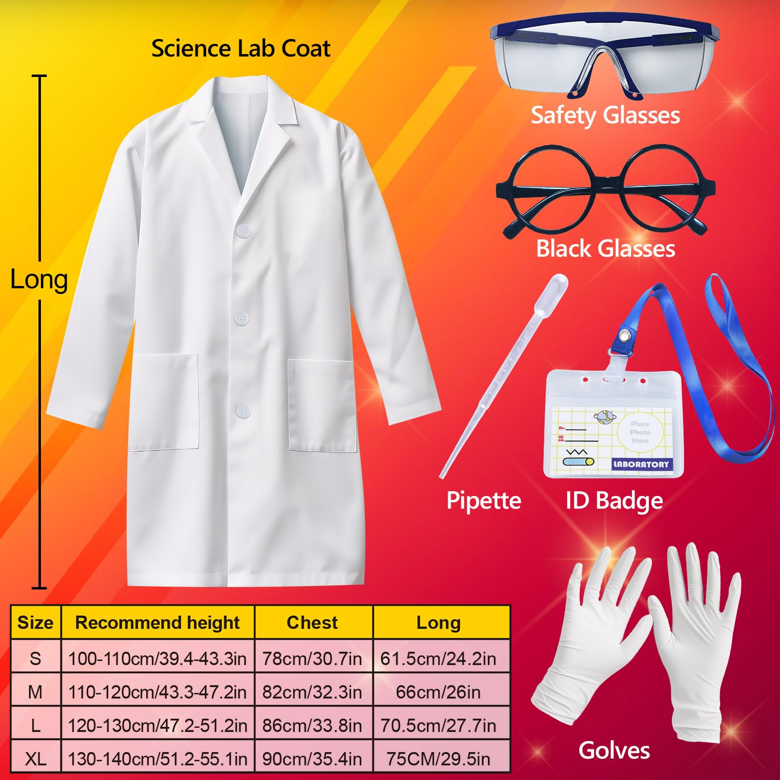 UNGLINGA Kids Scientist Costume Lab Coat Doctor Pretend Play for Boys Girls with Goggles Glasses ID Card Gloves for Science Projects Halloween M - Image 3