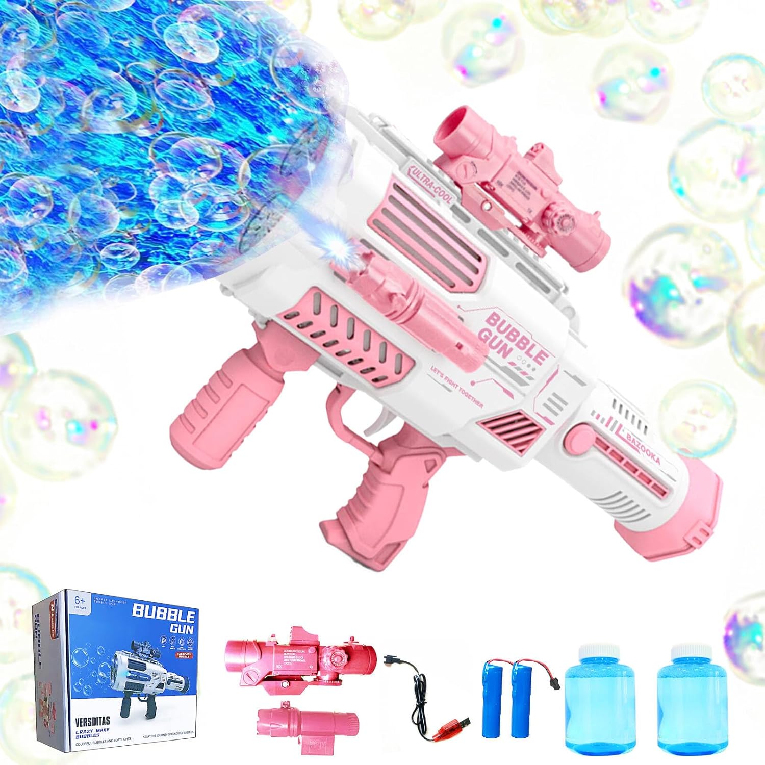 Automatic Gatling Bubble Gun with 2 Rechargeable Batteries, Produces Tens of Thousands Bubbles/Min, Includes Sight & Flashlight, ABS Drop-Tested, Bubble Machine Toy for Kids Adults Party Wedding
