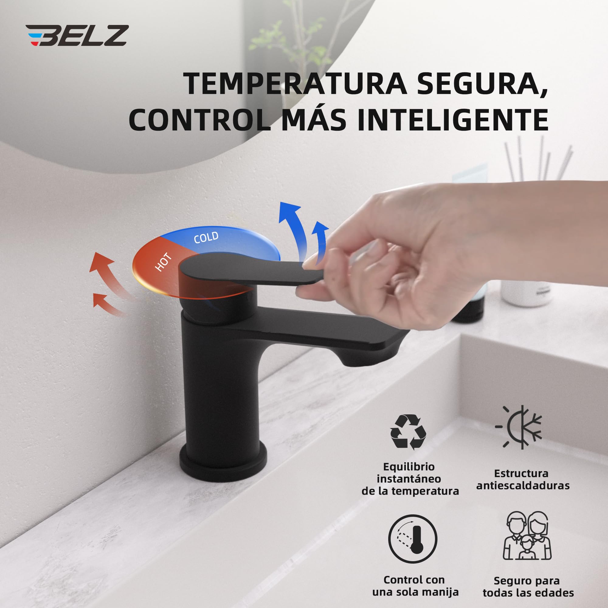 BELZ Grifo Lavabo Baño Monomando Bronce Negro | Ahorro de agua, silencioso y fácil instalación. Cartucho cerámico antifugas, conexión G3/8.