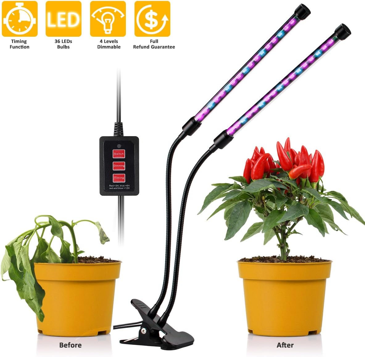 Timing Function Dual Head Led Grow Light 12W Dimmable 5 Levels with 360 Degree Flexible Gooseneck for Indoor Plants Small Growing Tent Home Hydroponic Garden Greenhouse Office