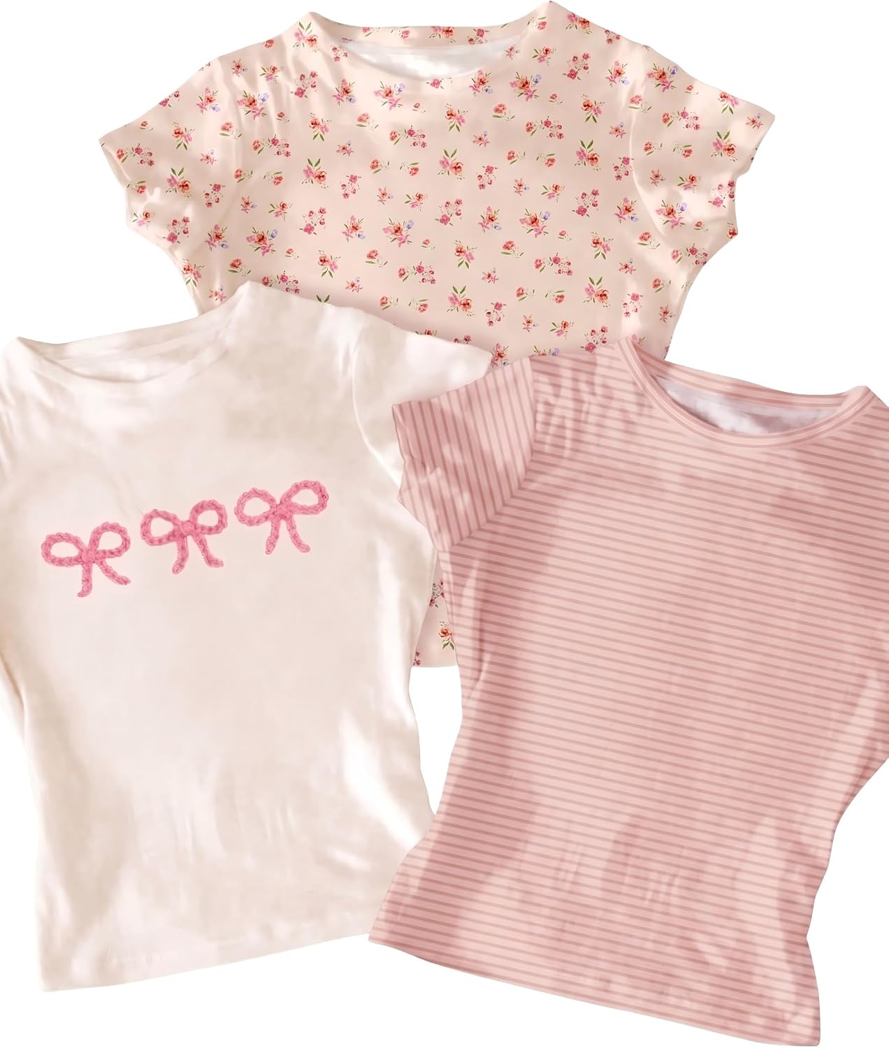 Girl's 3 Piece Set Graphic T-Shirts Floral Bow Striped Short Sleeve Crewneck Tees Summer Trendy Coquette Cute Tops