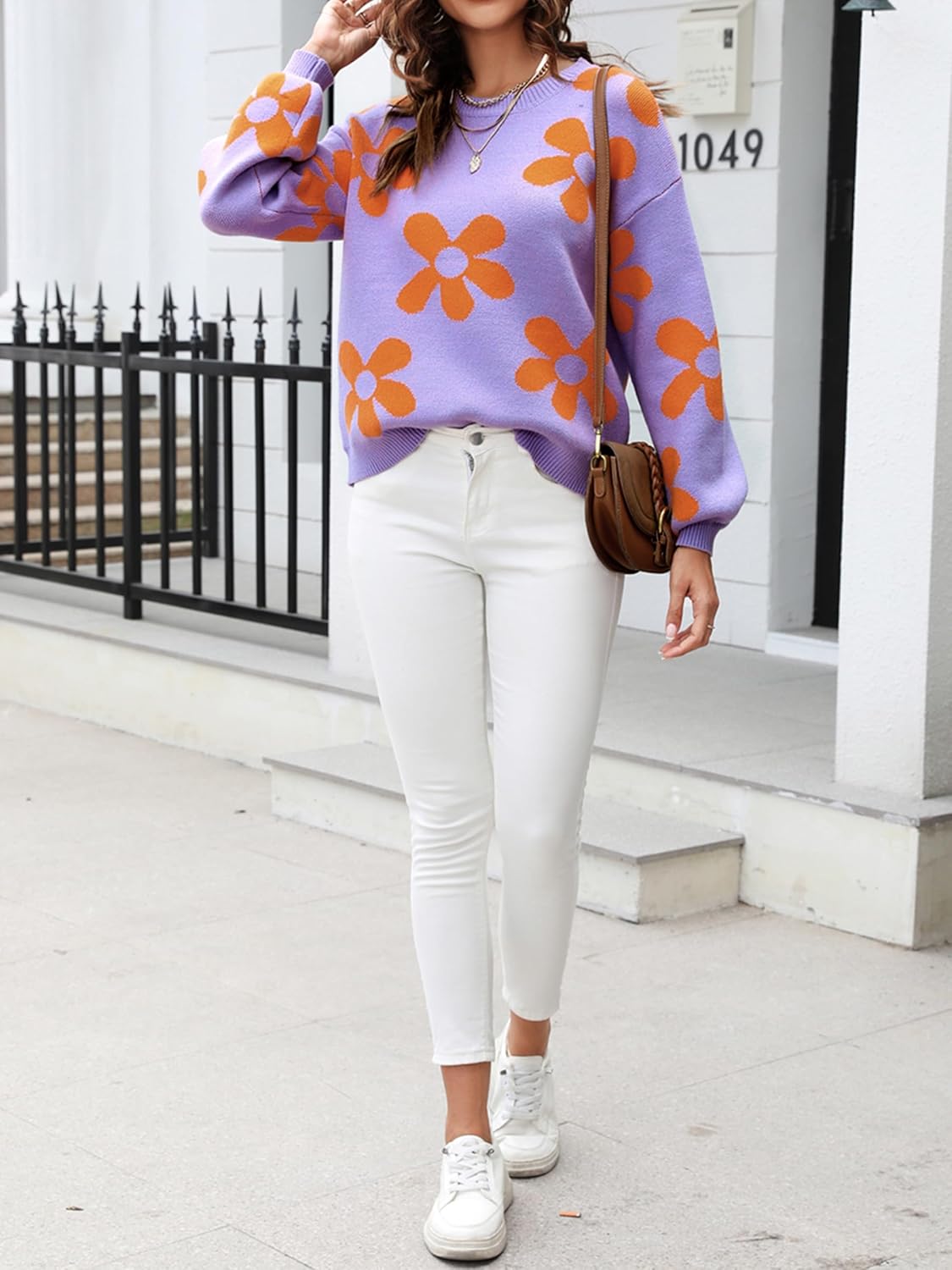 ECOWISH Women's Sweater 2025 Fall - Long Sleeve Crewneck Tops Knit Oversized Pullover Casual Print Jumper - Image 4