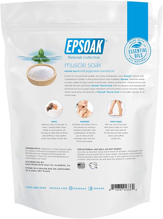 Epsoak Muscle Soak 2 lb. USP Magnesium Sulfate with Peppermint Scent Resealable Epsom Salt Bag, Made in The USA, Cruelty-Free Certified