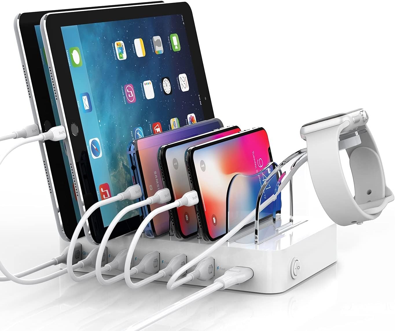 🔥 Cashback up to 70% SooPii Quick Charge 3.0 60W/12A 6-Port USB Charging Station for Multiple Devices, 8 Short Charging Cables Included, I Watch Charger Holder,for Phones, Tablets, and Other Electronics,White