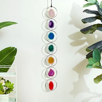 Natural Agate Slice 7 Colours Wall Decor Healing Crystal Gemstone Outdoor Indoor Window Round HangingHome Decoration Wall Hanging Decoration Silver Color