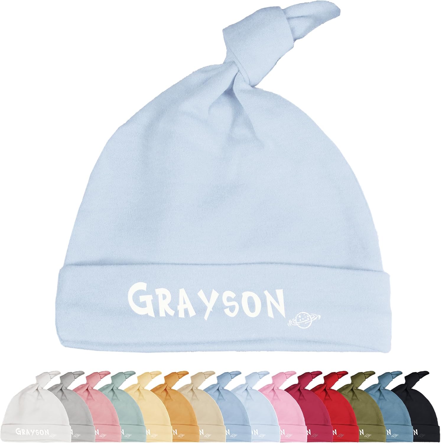 Personalized Embroidered Baby Hat in White with Knot or Cap; Newborn Hospital Hat with Custom Name—Perfect