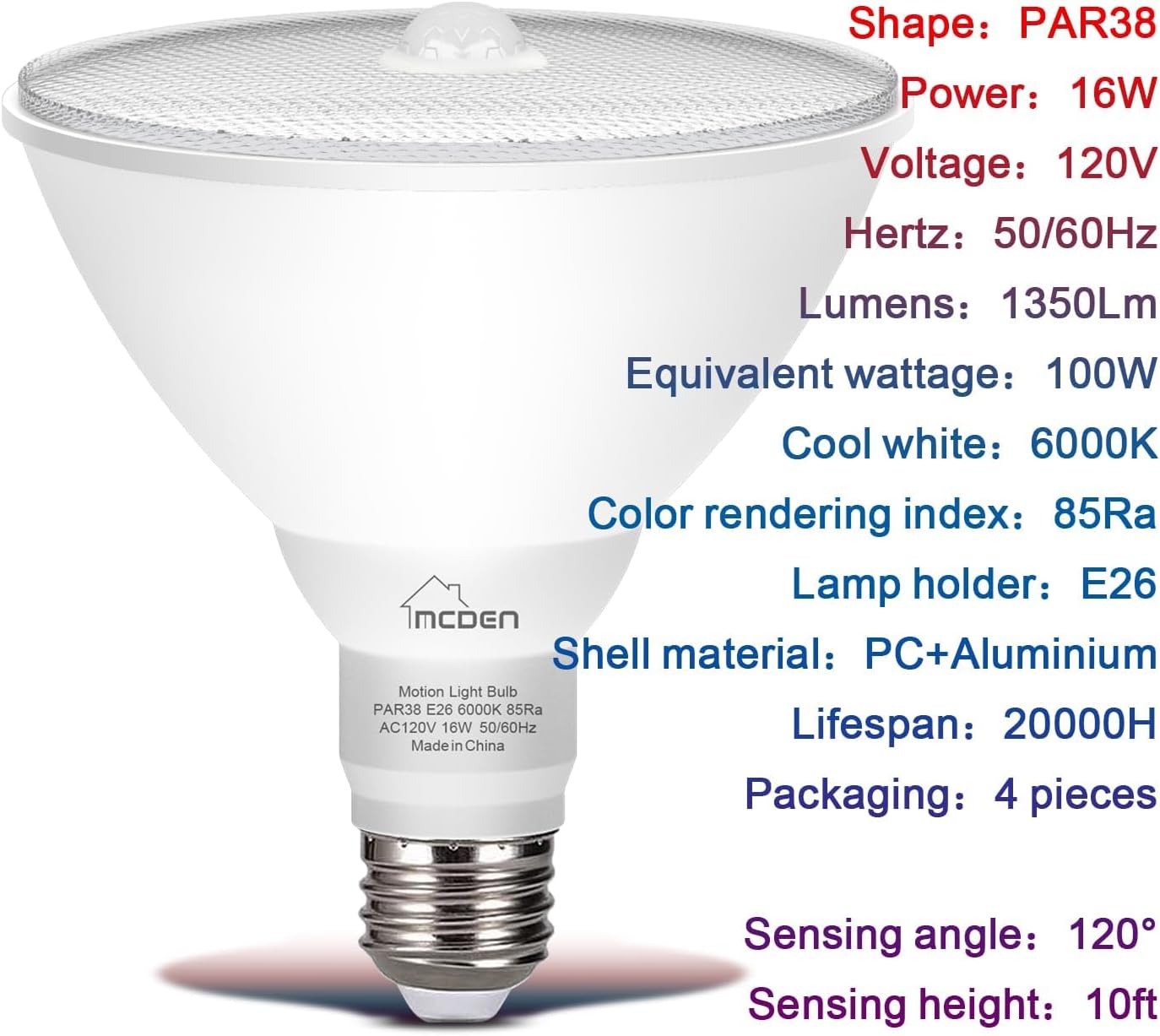 McDen Motion Sensor Light Bulb, PAR38 16W Equivalent 100W 6000K Daylight, Indoor Motion Activation Detector Light Bulb, E26 Base Dusk to Dawn Security Night Light.LED Flood Lights Outdoor, 4 Packs