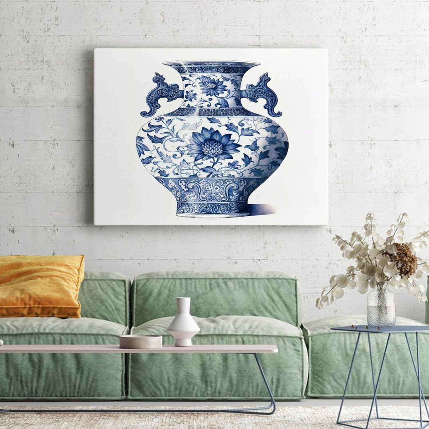 Wall Art Canvas 16x12in,Chinese Style Chinoiserie Blue and White Porcelain Vase Canvas Wall Art Home Office Wall Decor Prints Artwork for Bed Living Room Modern Paintings on Prints Birthday Gifts