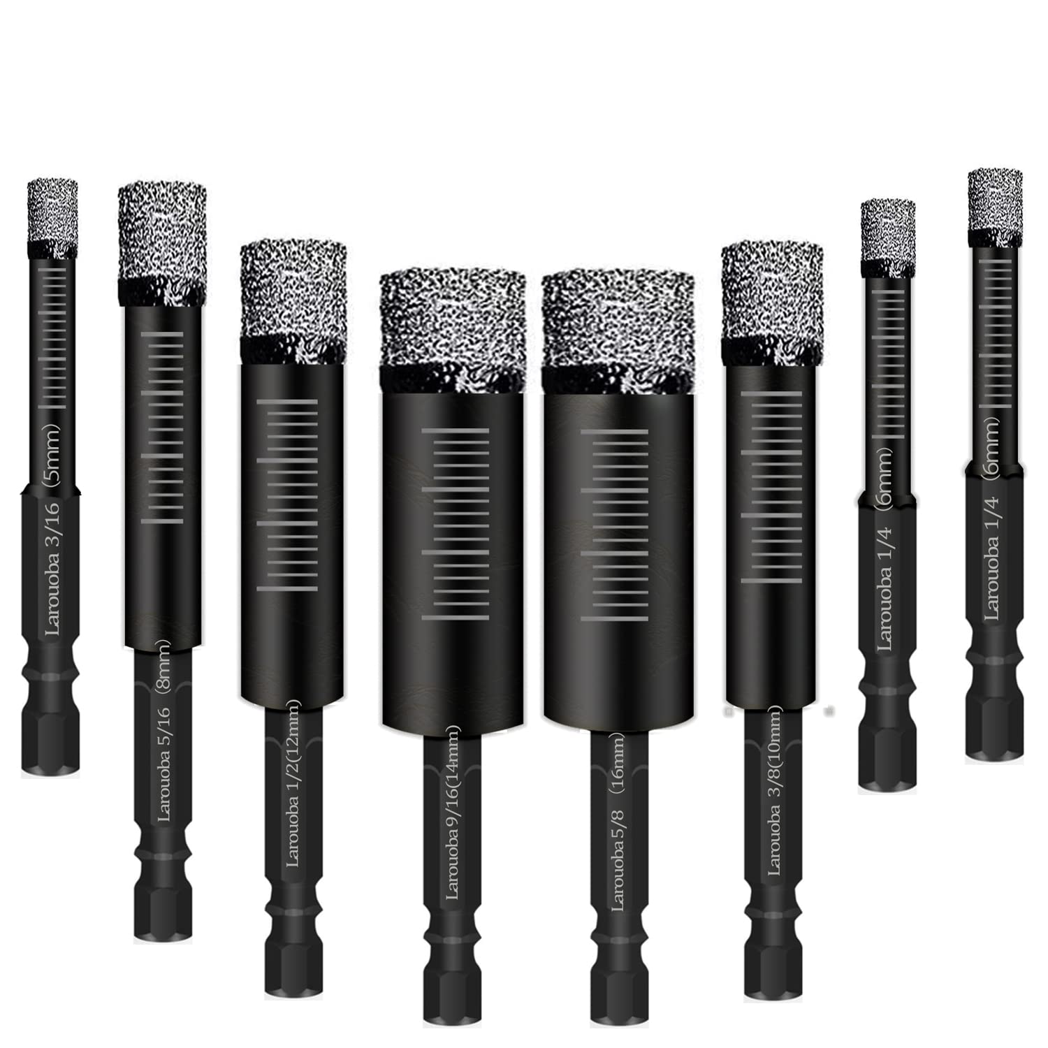 8pc Diamond Drill Bit, Masonry Drill Bits Set for Porcelain Tile Ceramic Stone Granite Marble Hex Shank Diamond Hole Saw Drill Bit with Size 3/16” to 5/8” (Black)